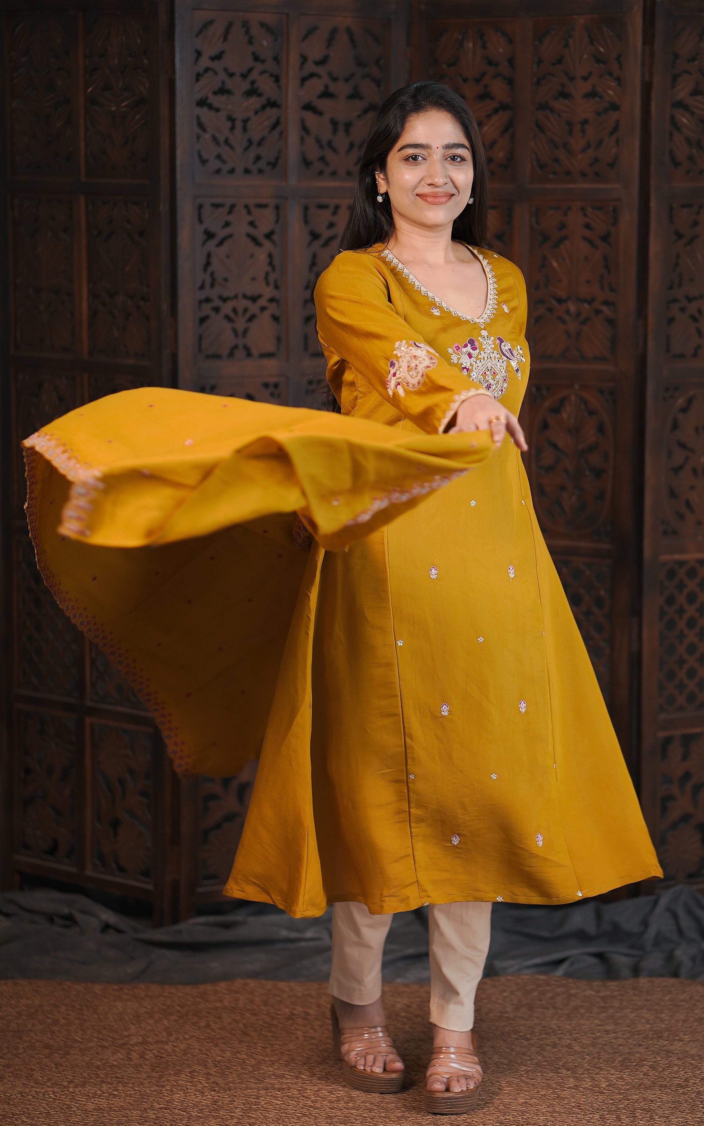Mustard Art Silk V-Neck A-Line Kurti with Floral Embroidery
