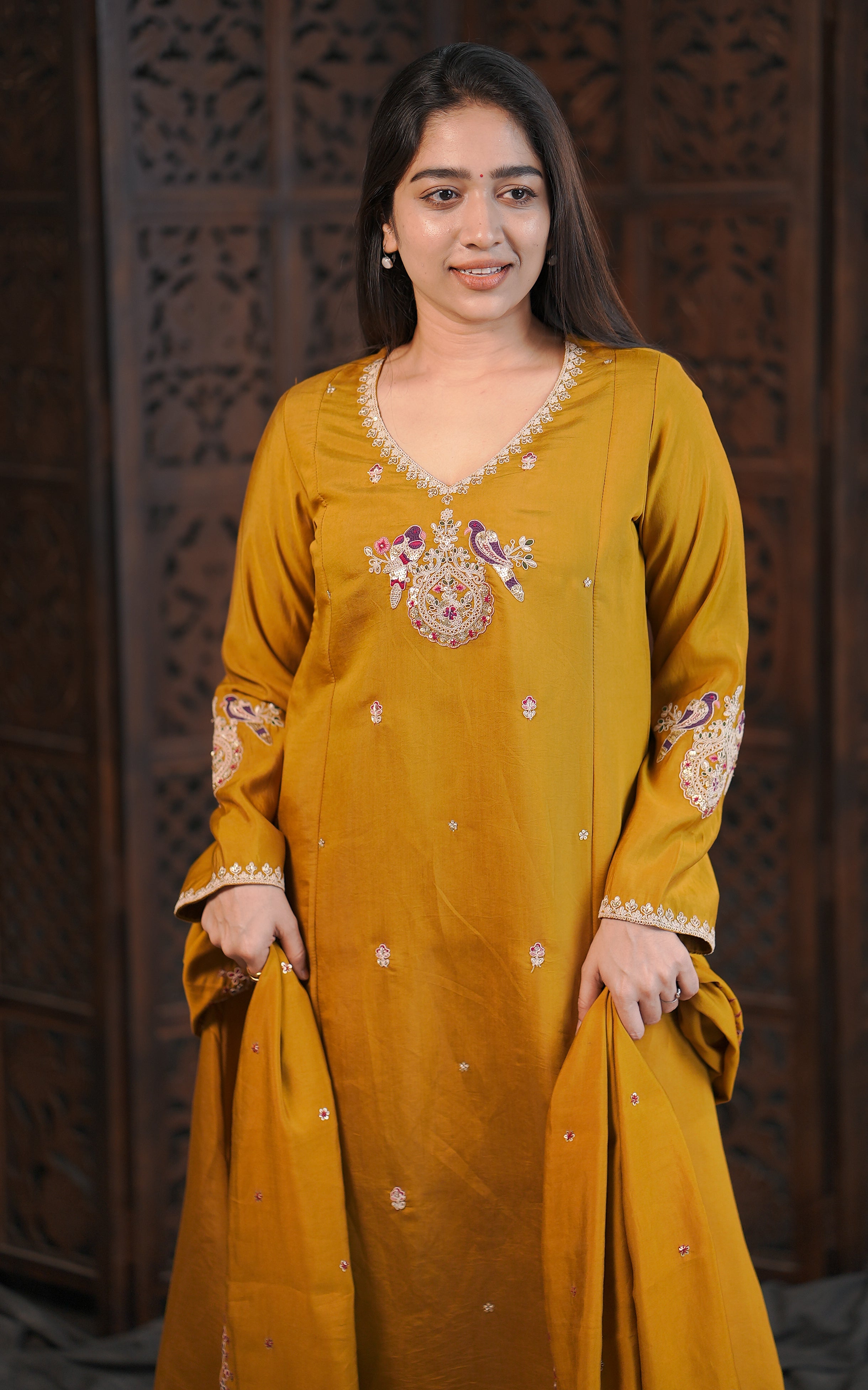 Mustard Kurti Set with One Side Pocket & Embroidered Dupatta