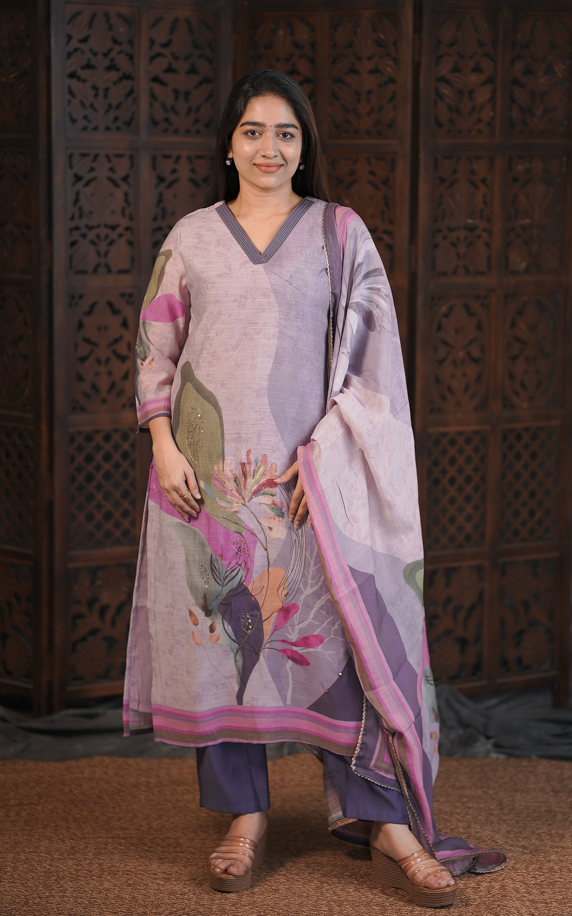 Pastel Purple Art Silk Kurti Pant Set with Dupatta