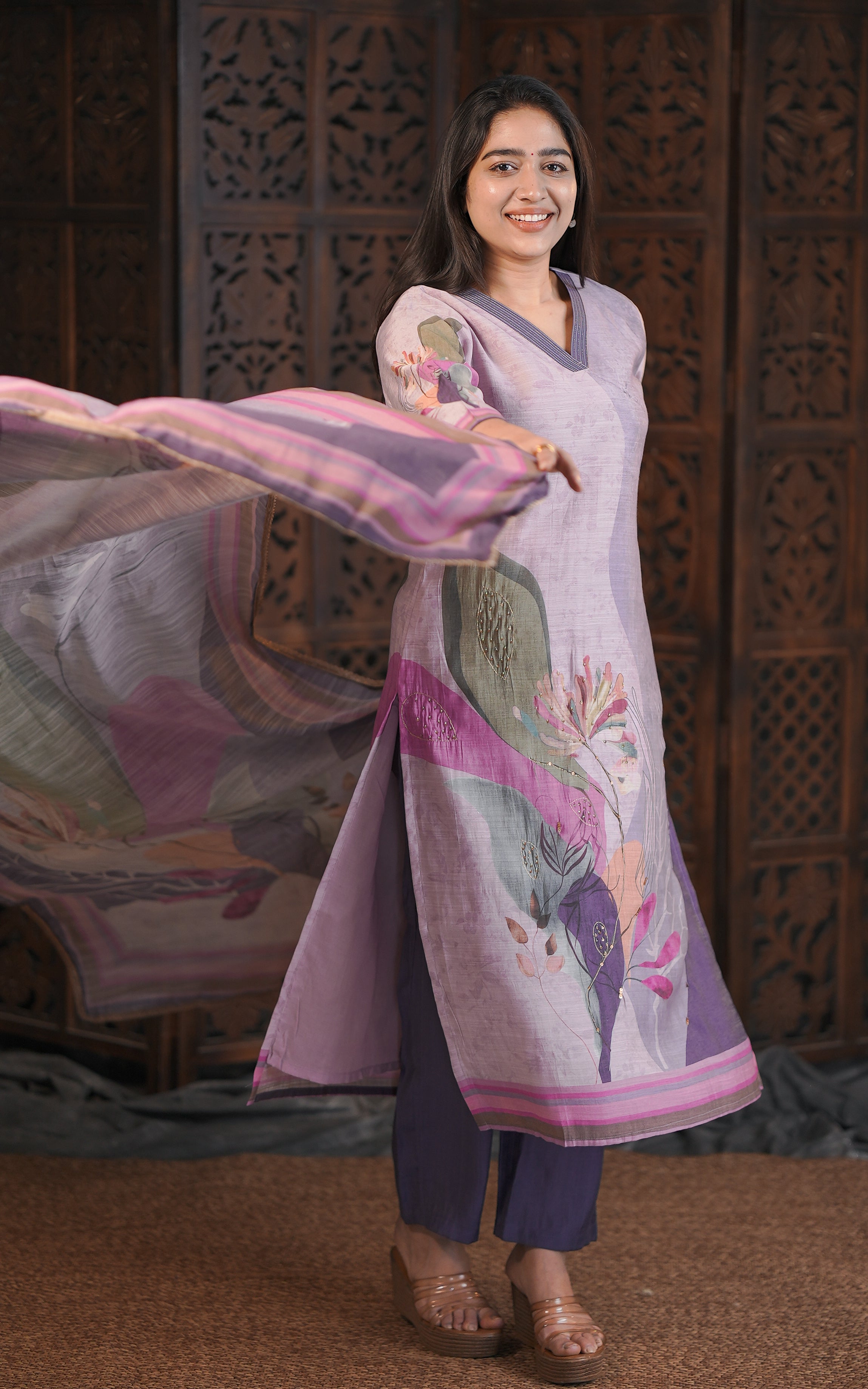 Pastel Purple Art Silk Straight Cut Kurti with Pant & Dupatta