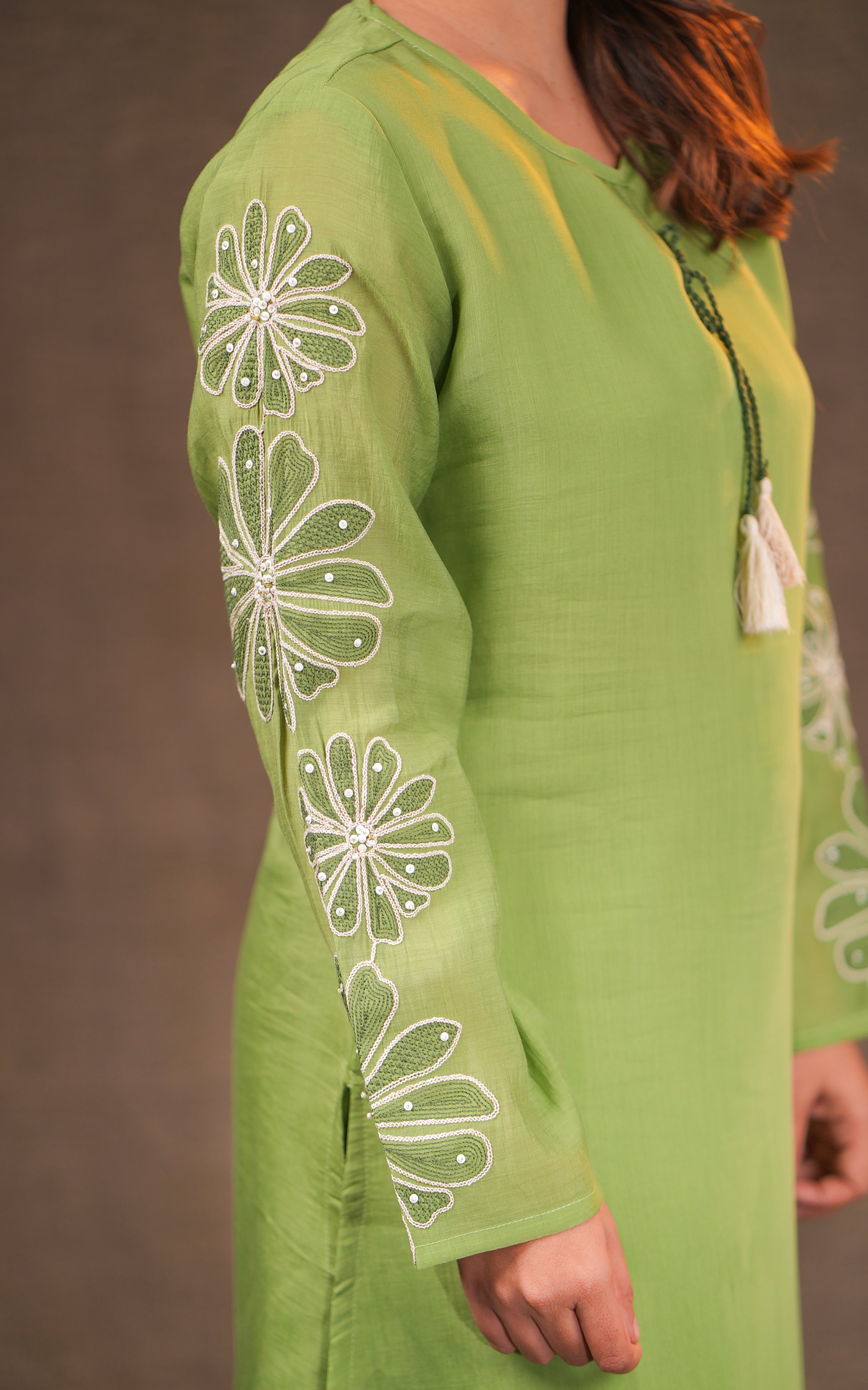 Instore - Green Color Art Silk Beads Embroidered Aline Kurti with Matching Dupatta & Palazzo Pant with One Side Pocket