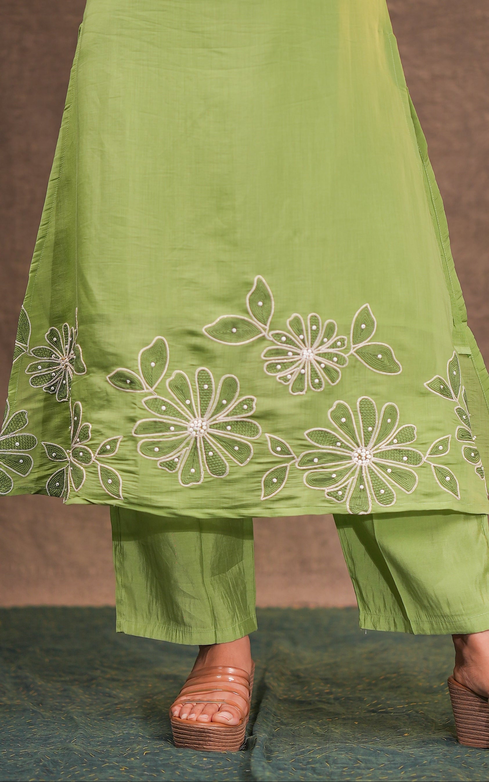 Instore - Green Color Art Silk Beads Embroidered Aline Kurti with Matching Dupatta & Palazzo Pant with One Side Pocket
