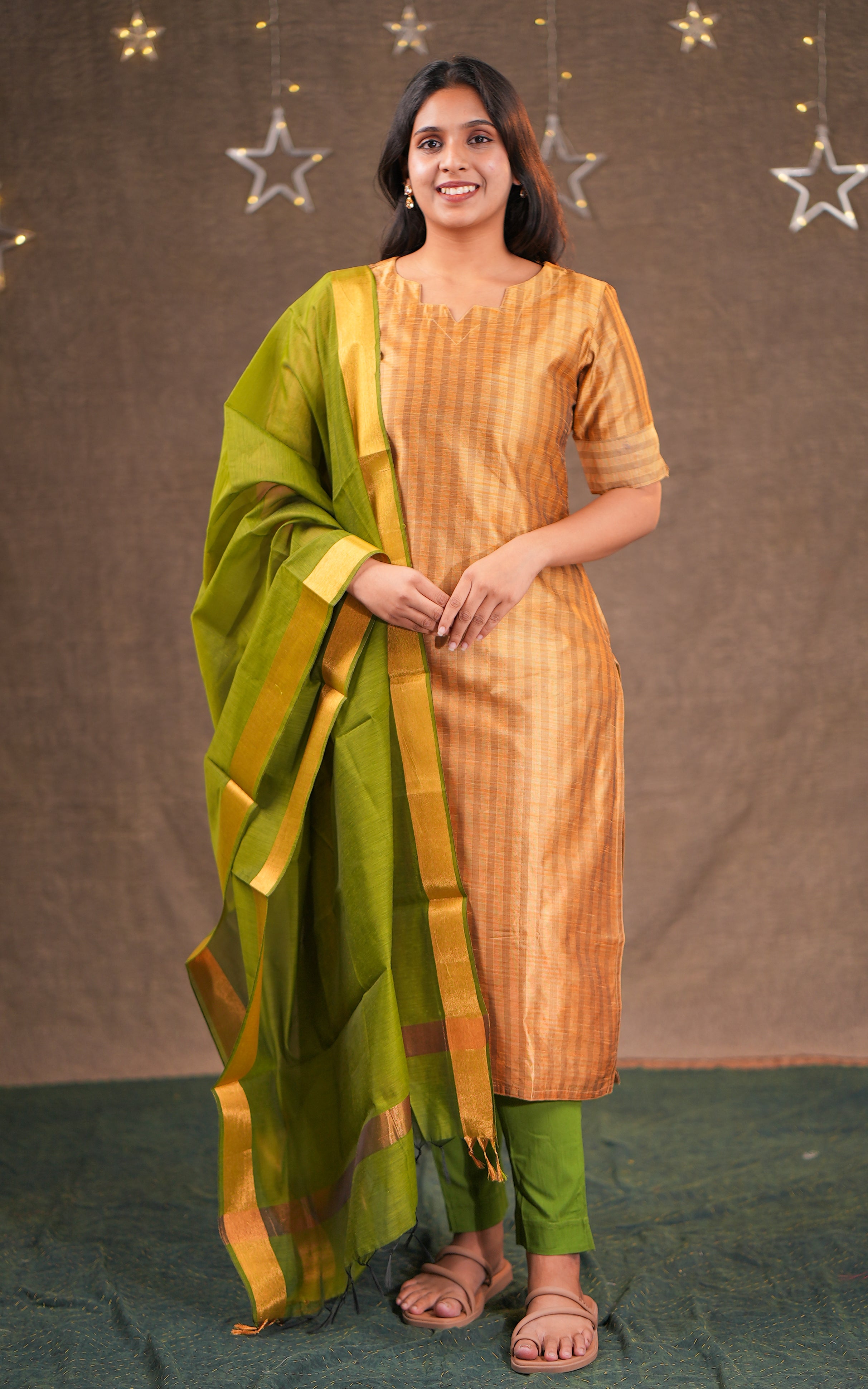 Instore - Gold & Green Color Silk Cotton Straight Cut kurti with side slits paired with a contrast dupatta, No Lining