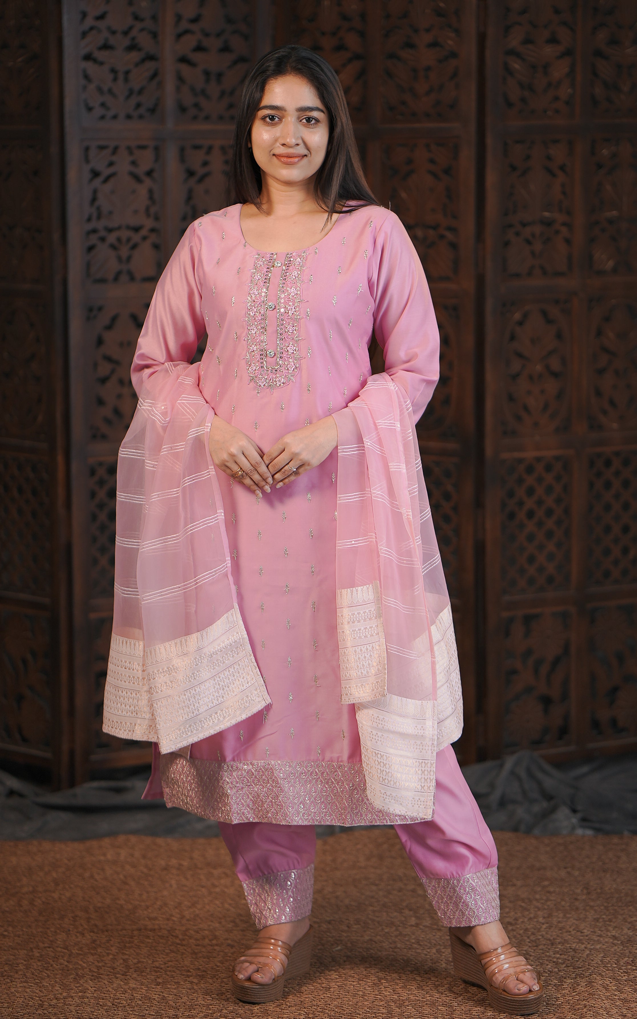 Stylish Pink Art Silk Kurti Pant Dupatta Set