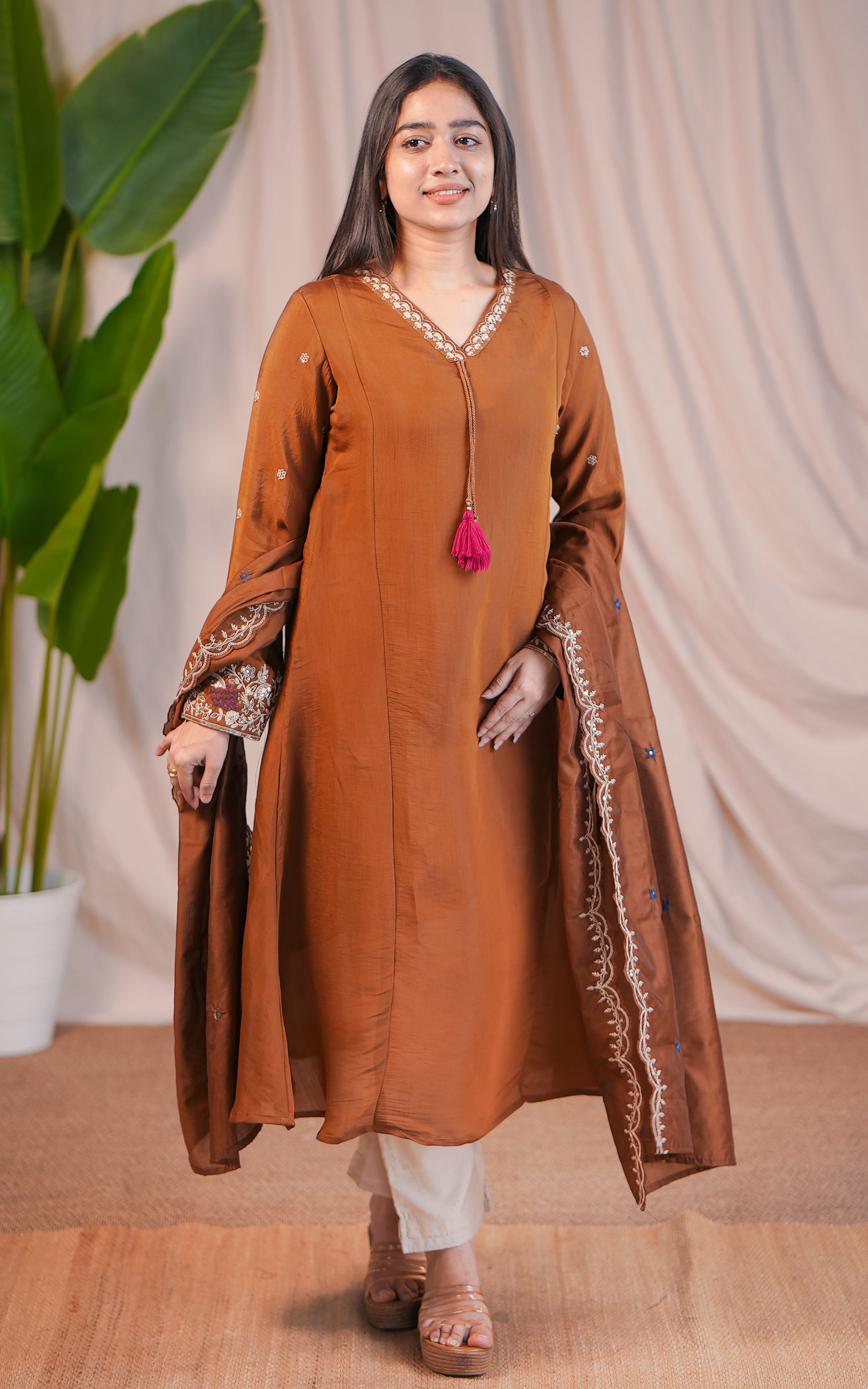 Stylish Brown Art Silk Kurti with Tassels & Scalloped Dupatta