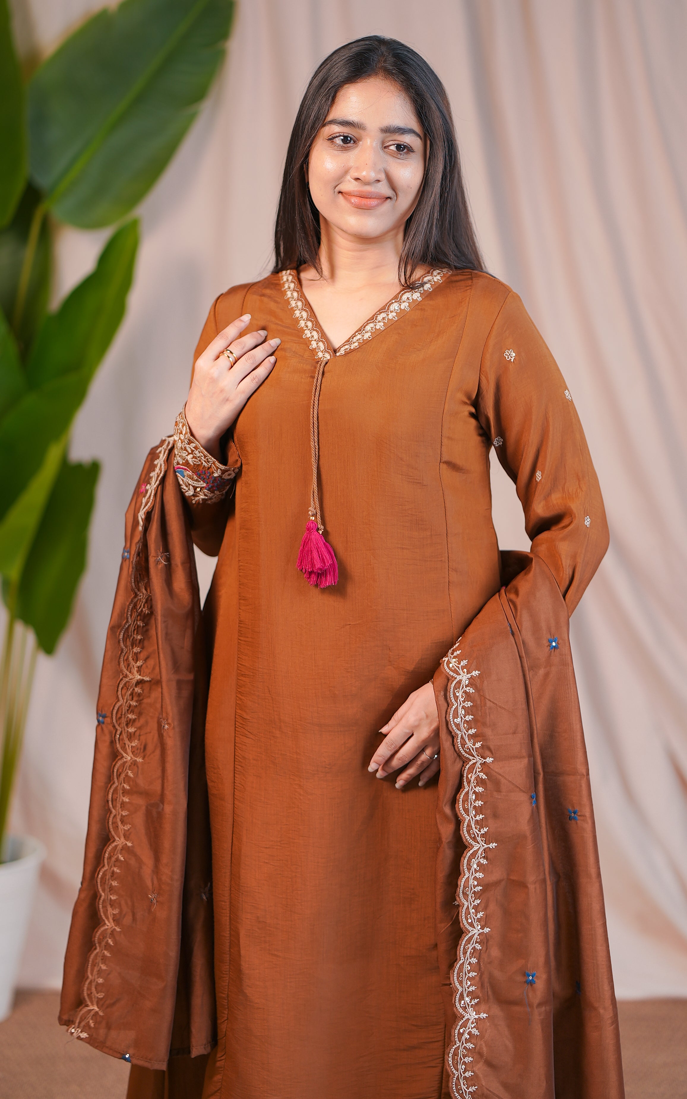 Brown Art Silk A-Line Kurti with Sequin Embroidery