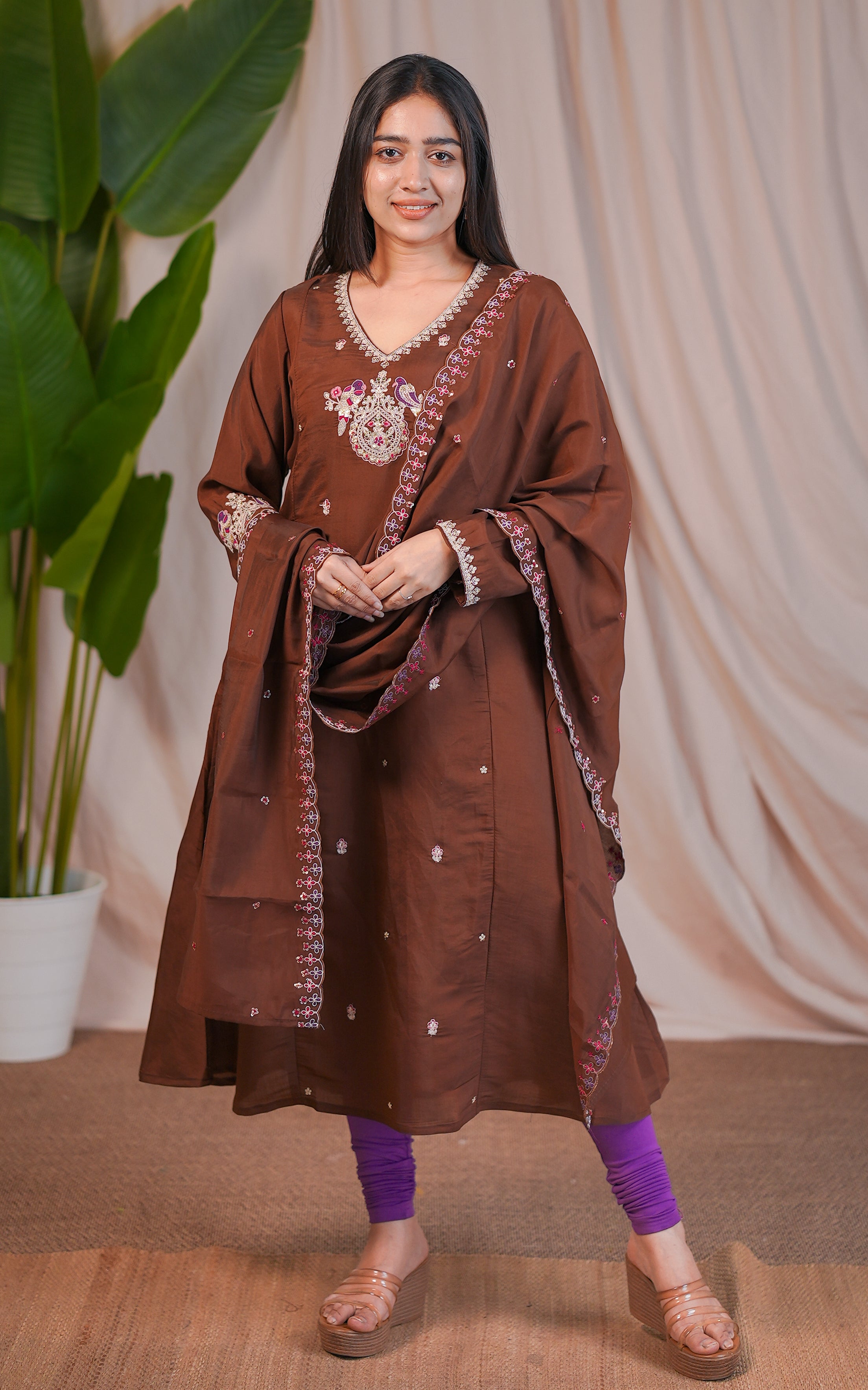 Brown Kurti Set with One Side Pocket & Embroidered Dupatta