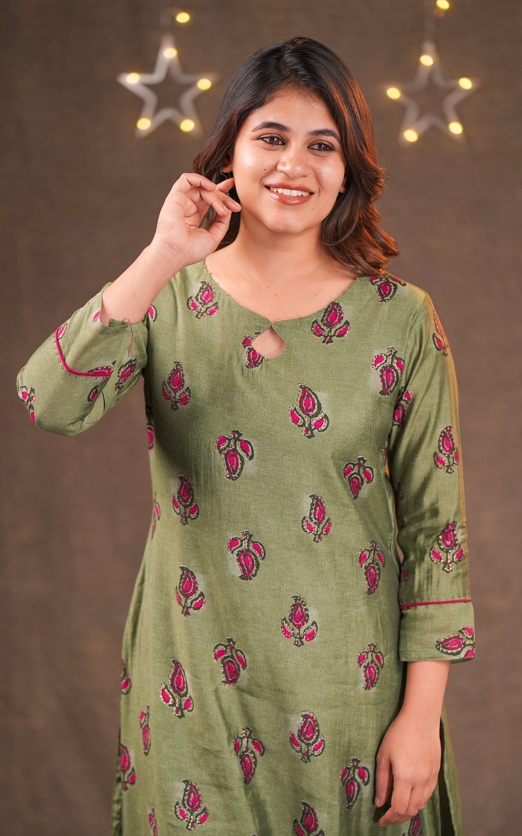 Instore - Olive & Green Color Art Silk Straight Cut kurti designed with a stylish keyhole neckline & Cotton Lining
