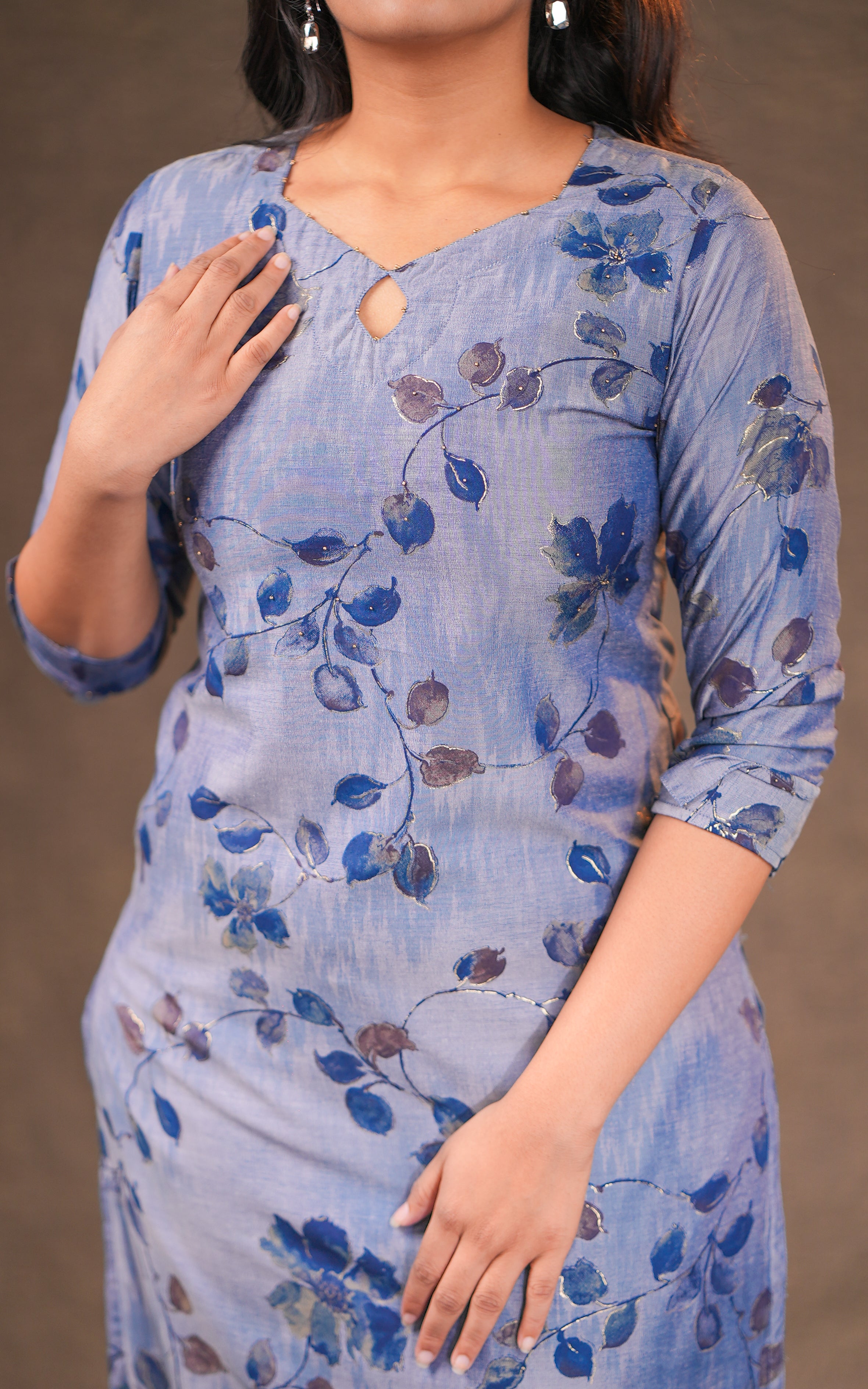 Instore - Light Steel Blue Color Art Silk Keyhole Neckline Straight Cut Kurti with Side Slit & Cotton Lining