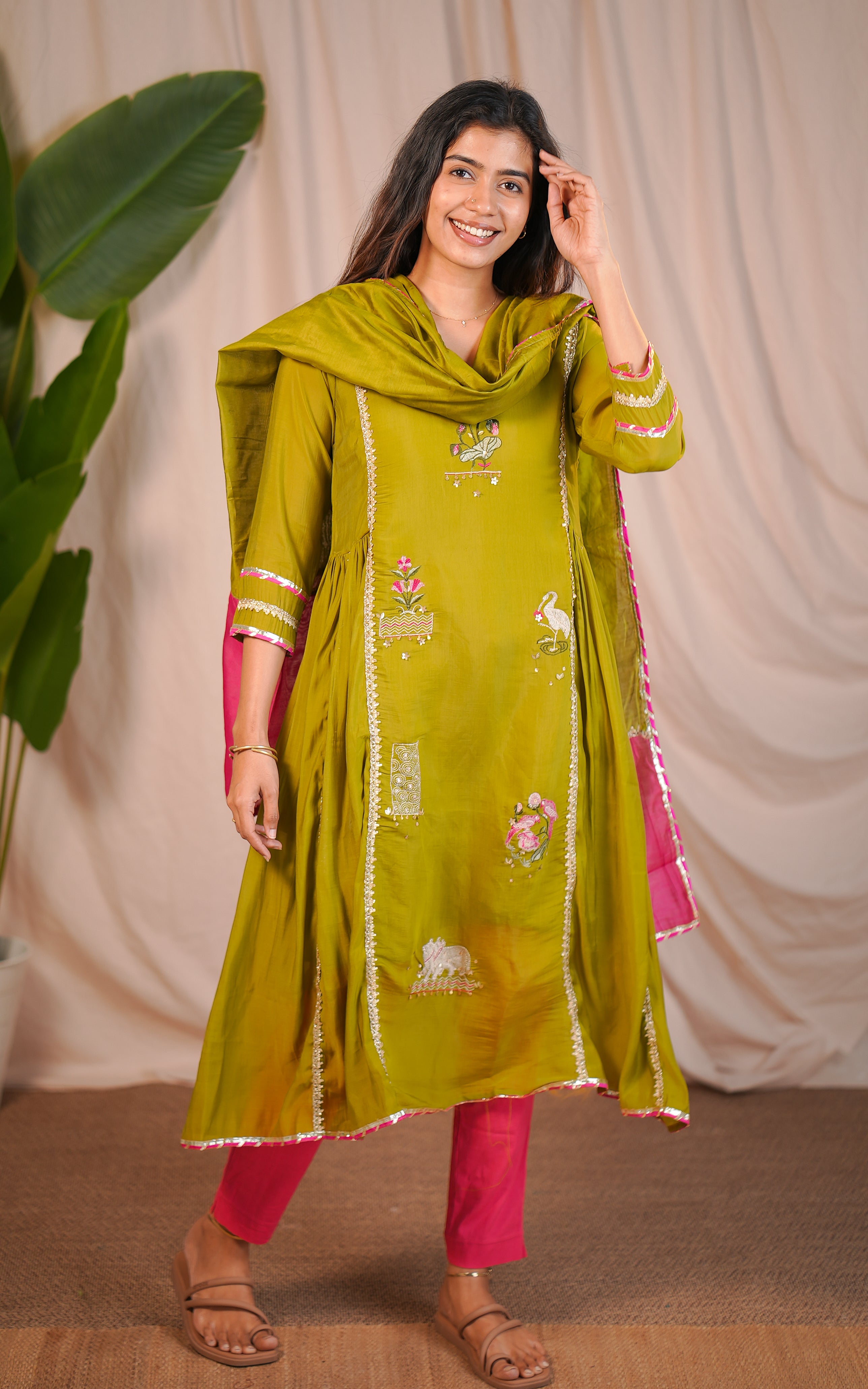 Olive green kurti with V neck for women
