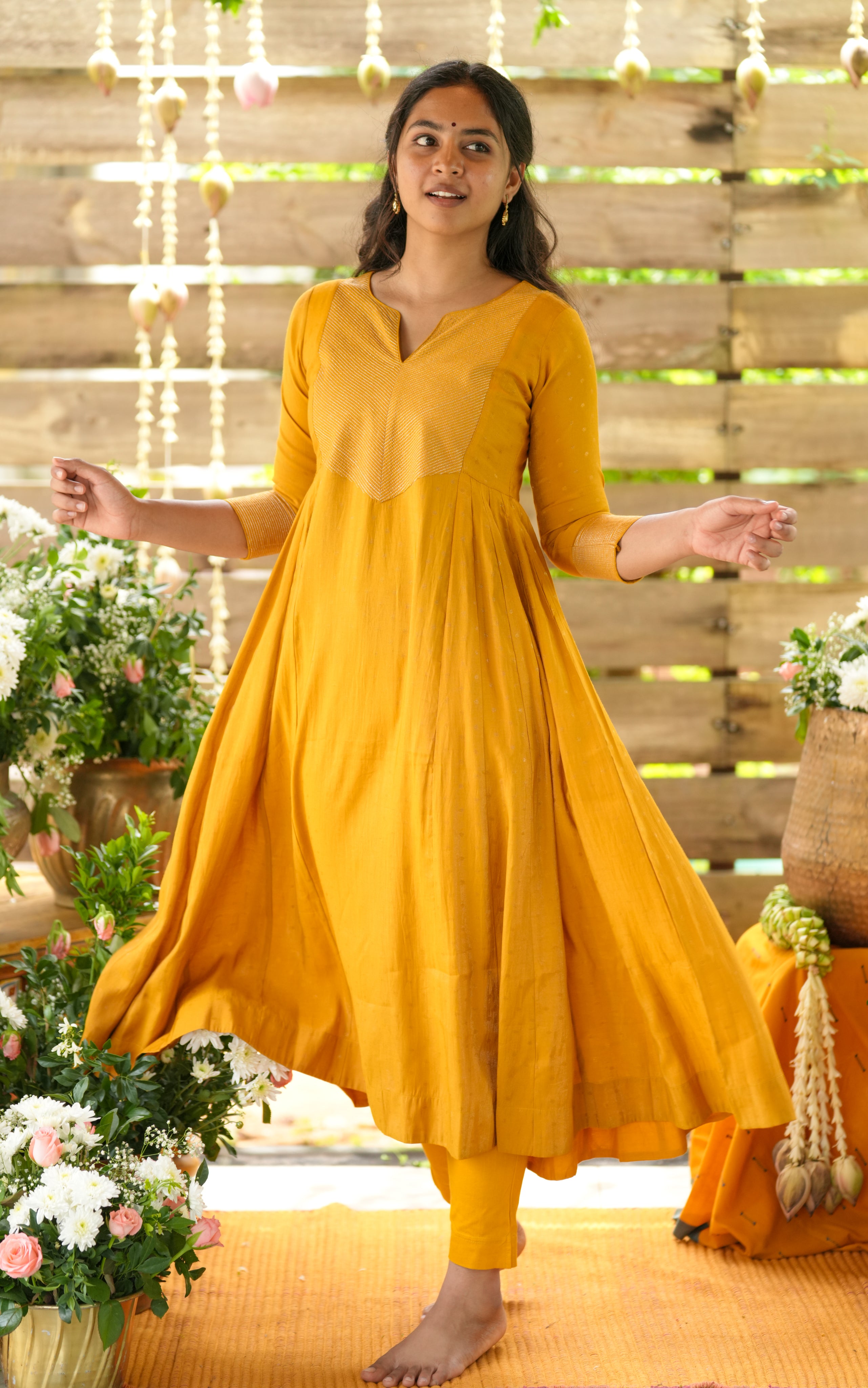 Instore - Mustard Silk Cotton Full Flared Anarkali Kurti, Festive Ethnic Wear