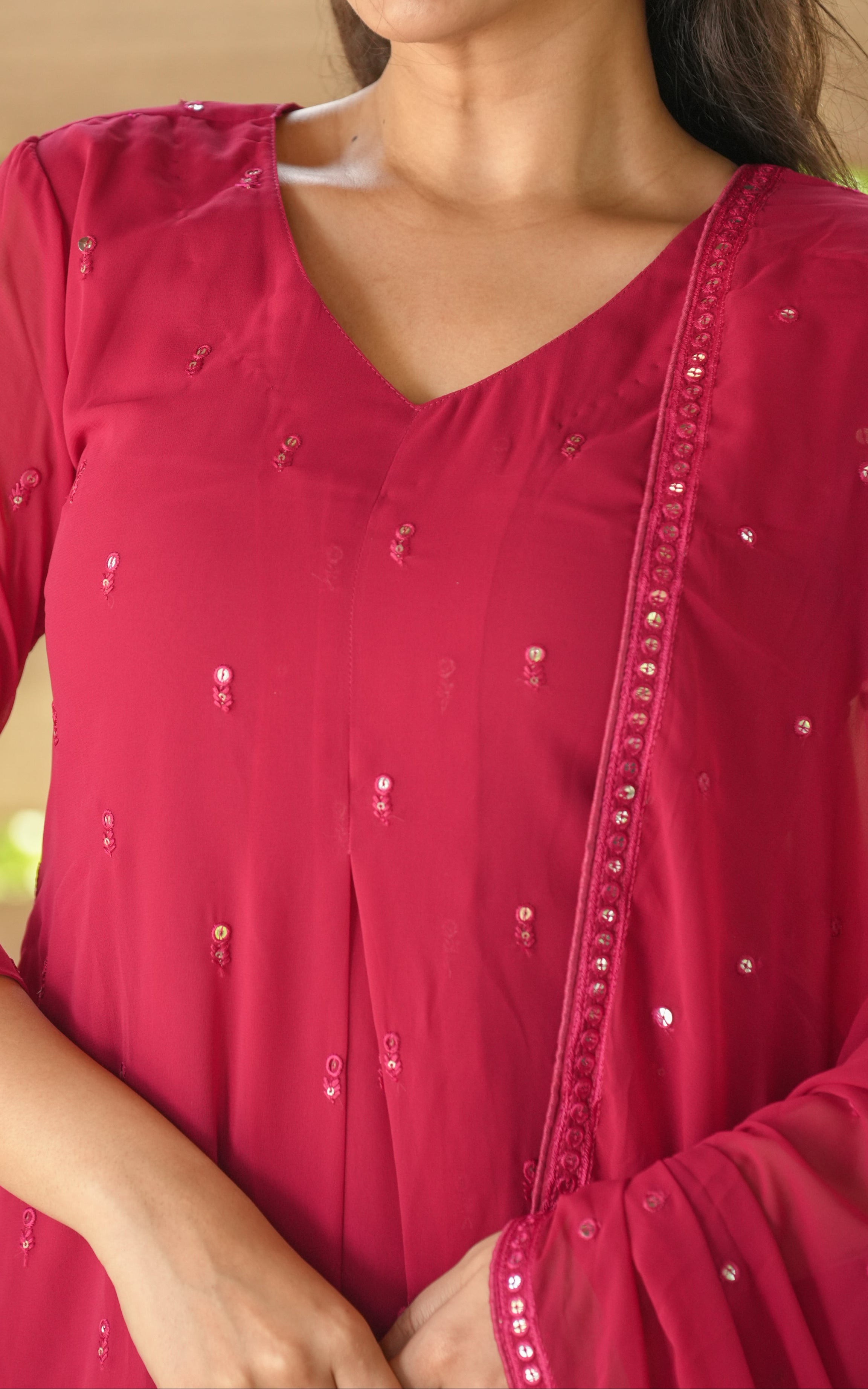 Instore - Pink Georgette Aline Kurti with Sequin Detailing All Over & Matching Dupatta
