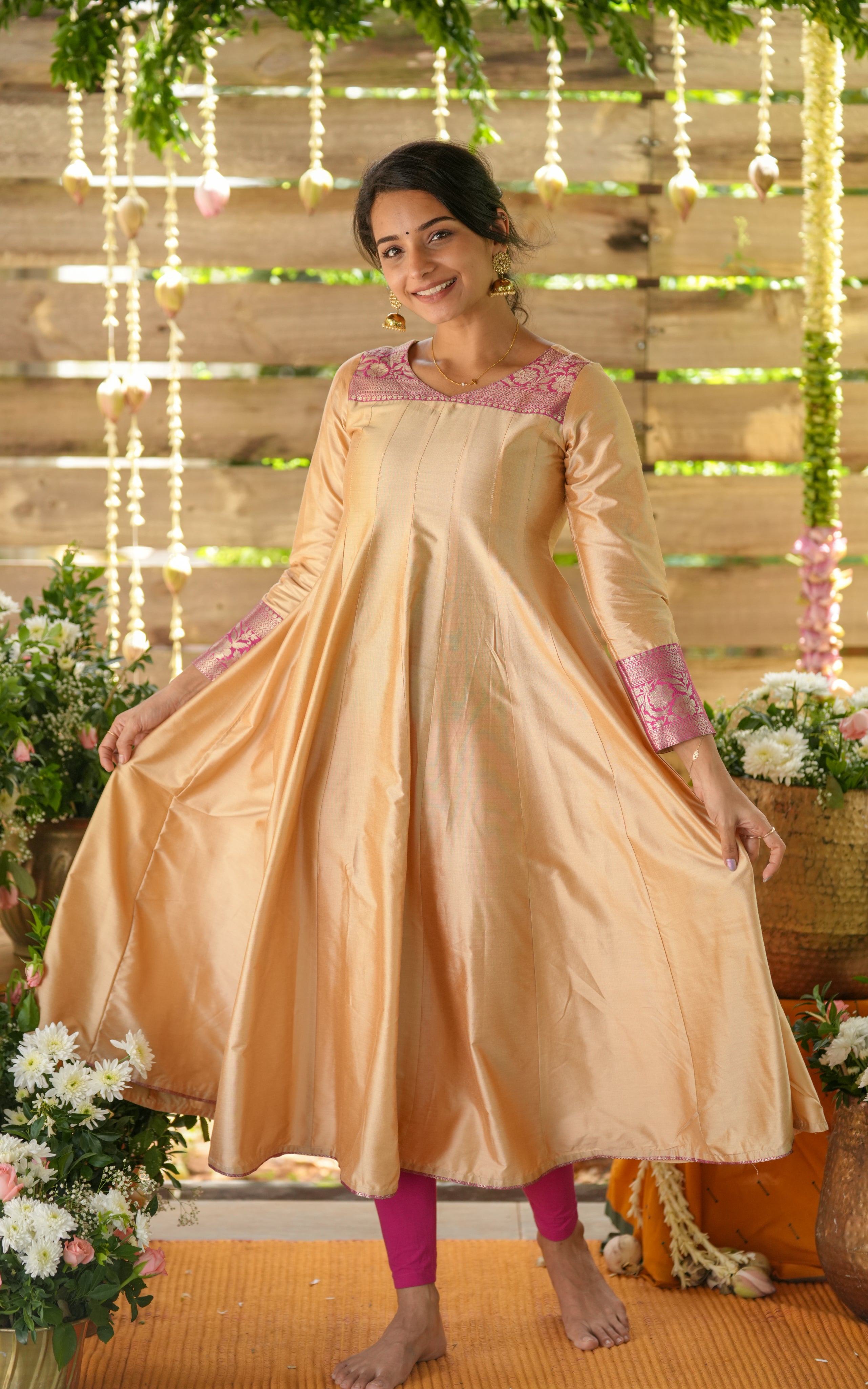 Pink and zari border kurti