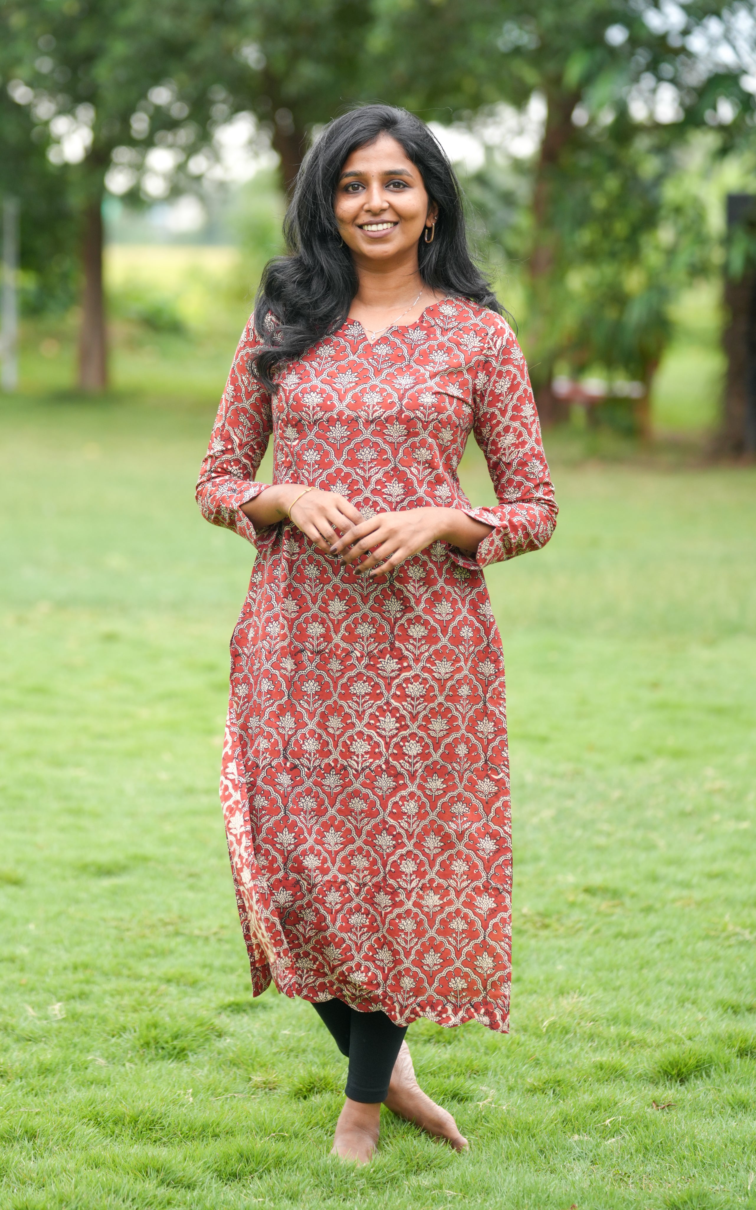 Instore – Sarjanna D Rust Cotton Handblock Printed Straight Cut Kurti with Side Slit – Women's Ethnic Wear