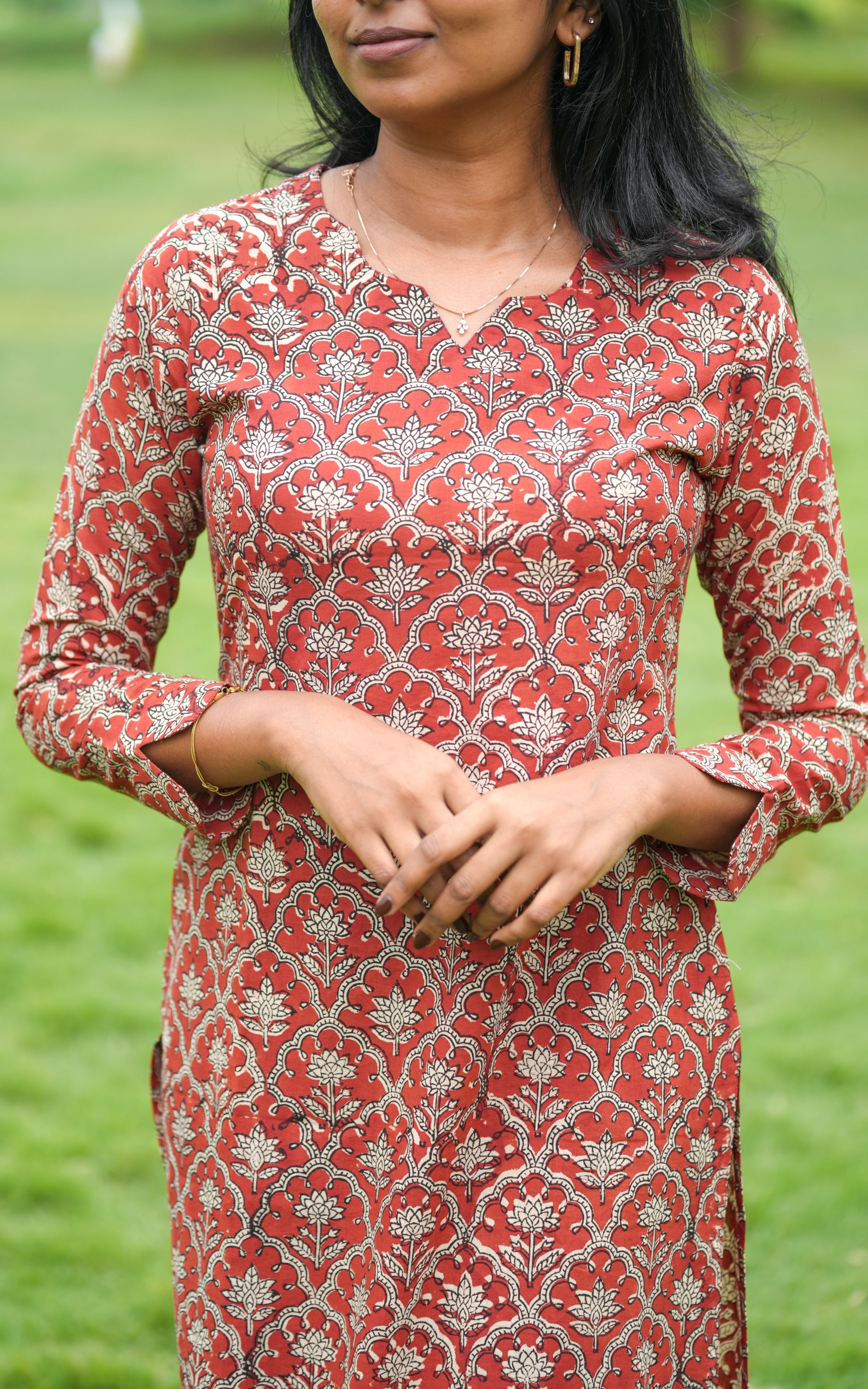 Instore – Sarjanna D Rust Cotton Handblock Printed Straight Cut Kurti with Side Slit – Women's Ethnic Wear