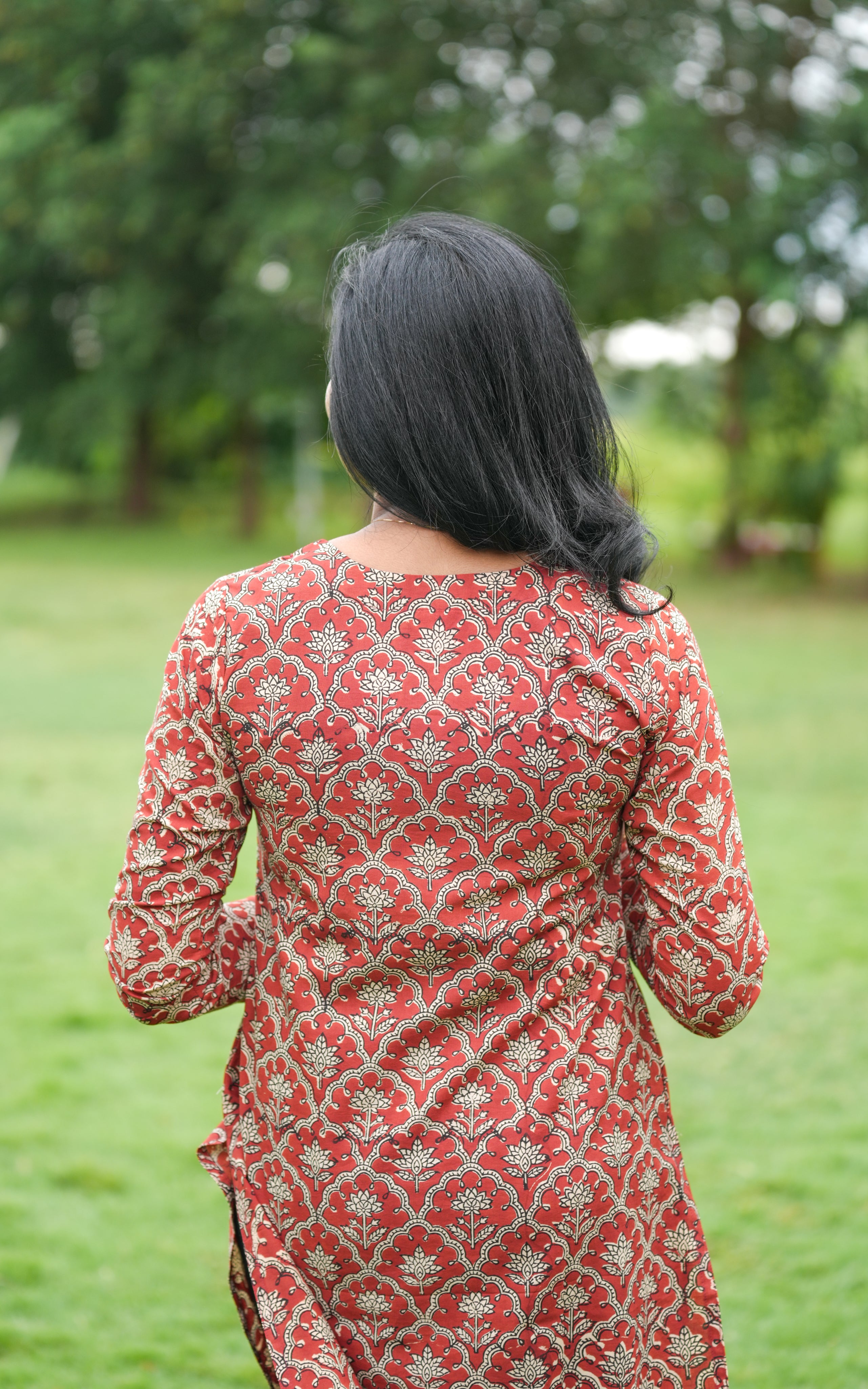 Instore – Sarjanna D Rust Cotton Handblock Printed Straight Cut Kurti with Side Slit – Women's Ethnic Wear