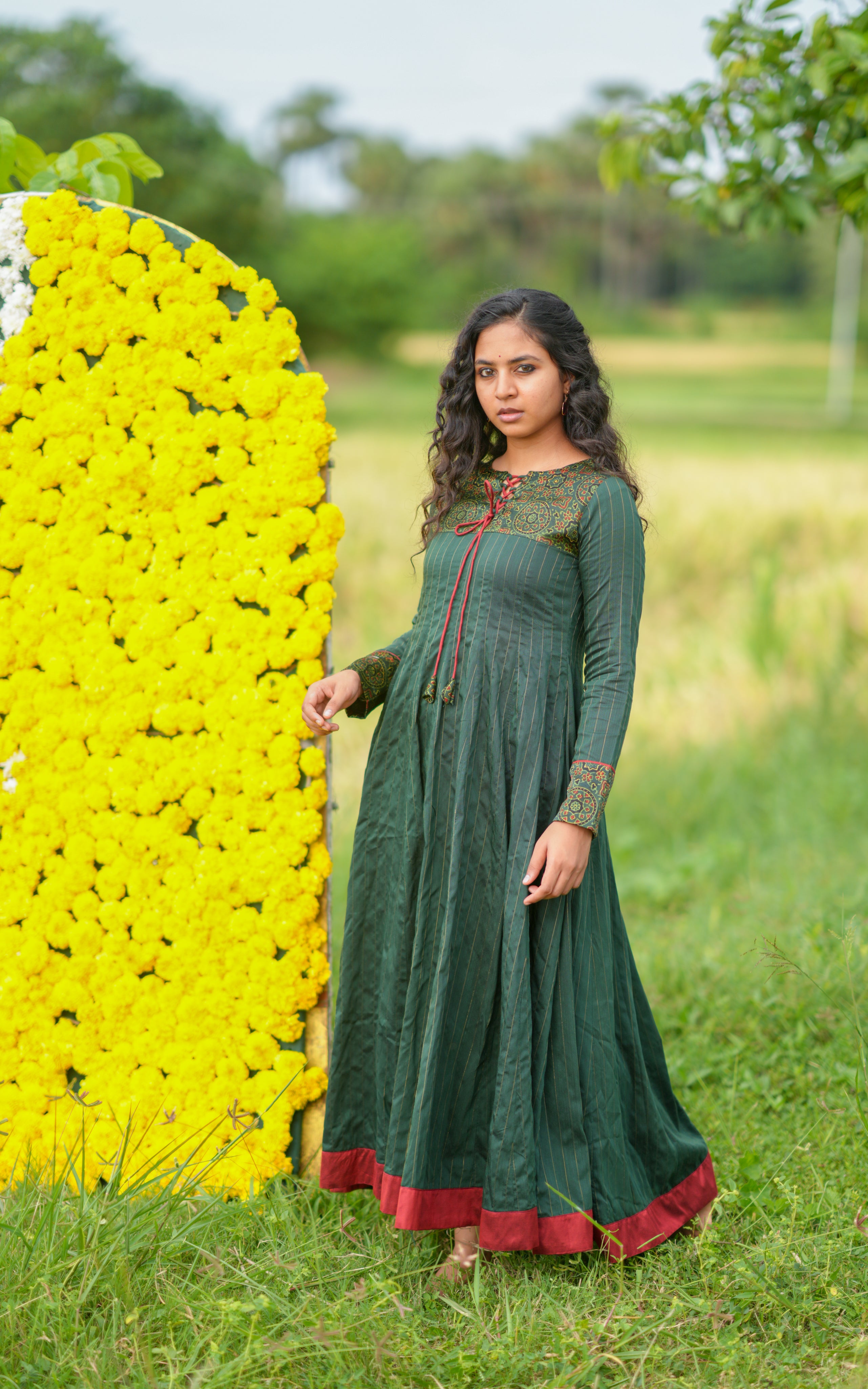 Instore – Dark Green Pavizha Kurti for Women – Silk Cotton – Festive Ethnic Wear