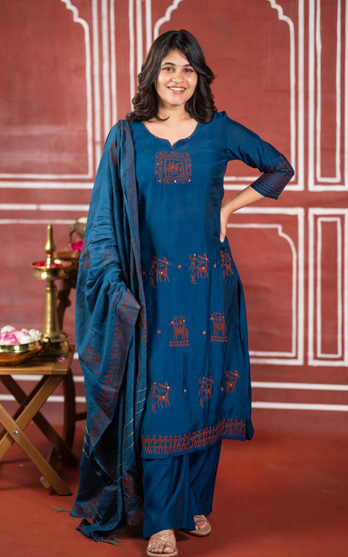 Diwali casuals B Handblock (Kurti+Pant+Dupatta)