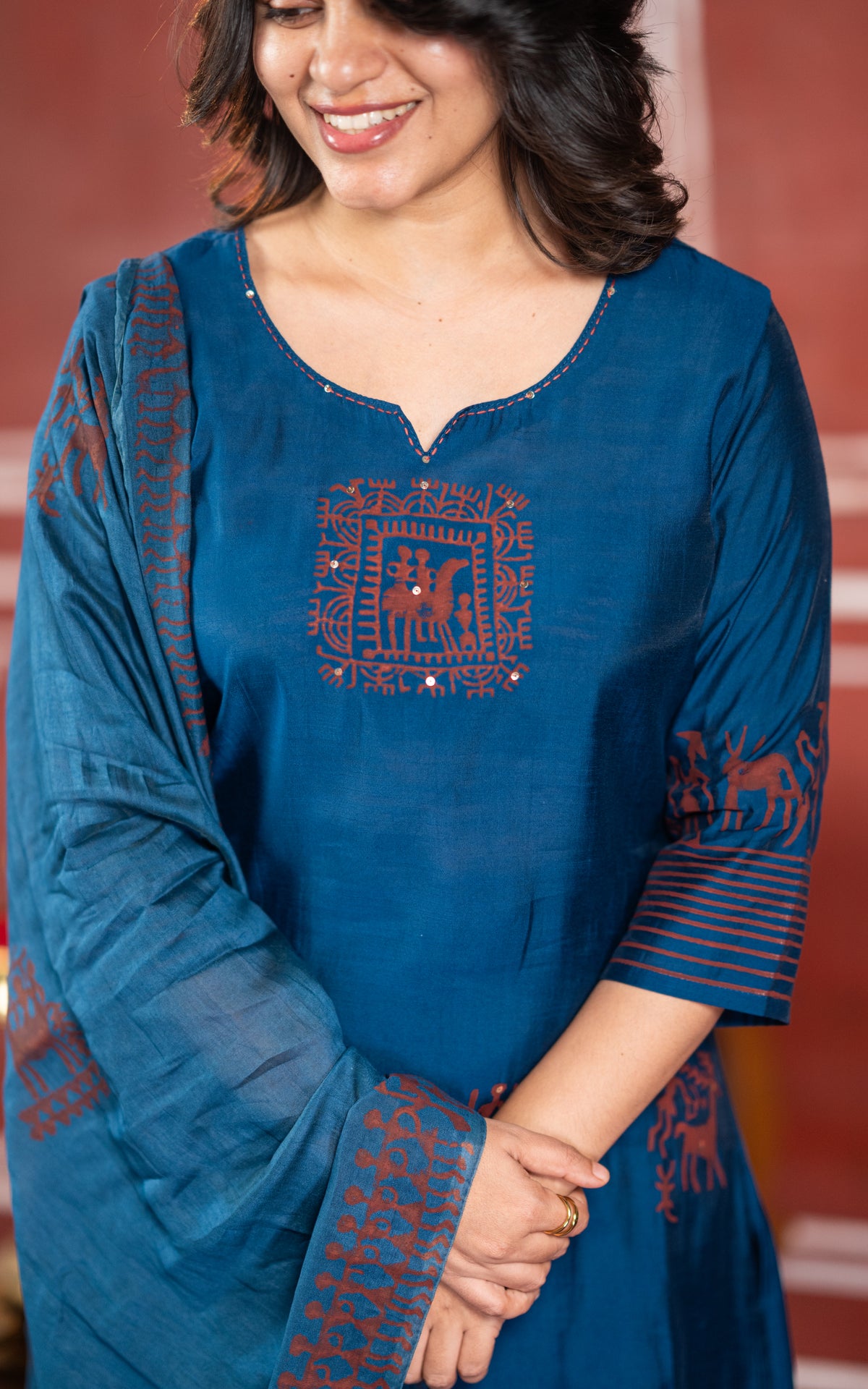 Diwali casuals B Handblock (Kurti+Pant+Dupatta)