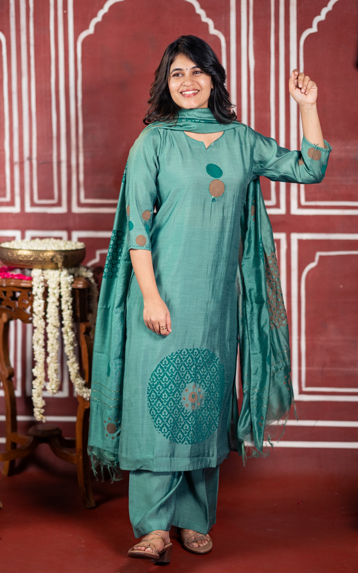 Diwali Casuals Handblock A (Kurti+Pant+Dupatta)