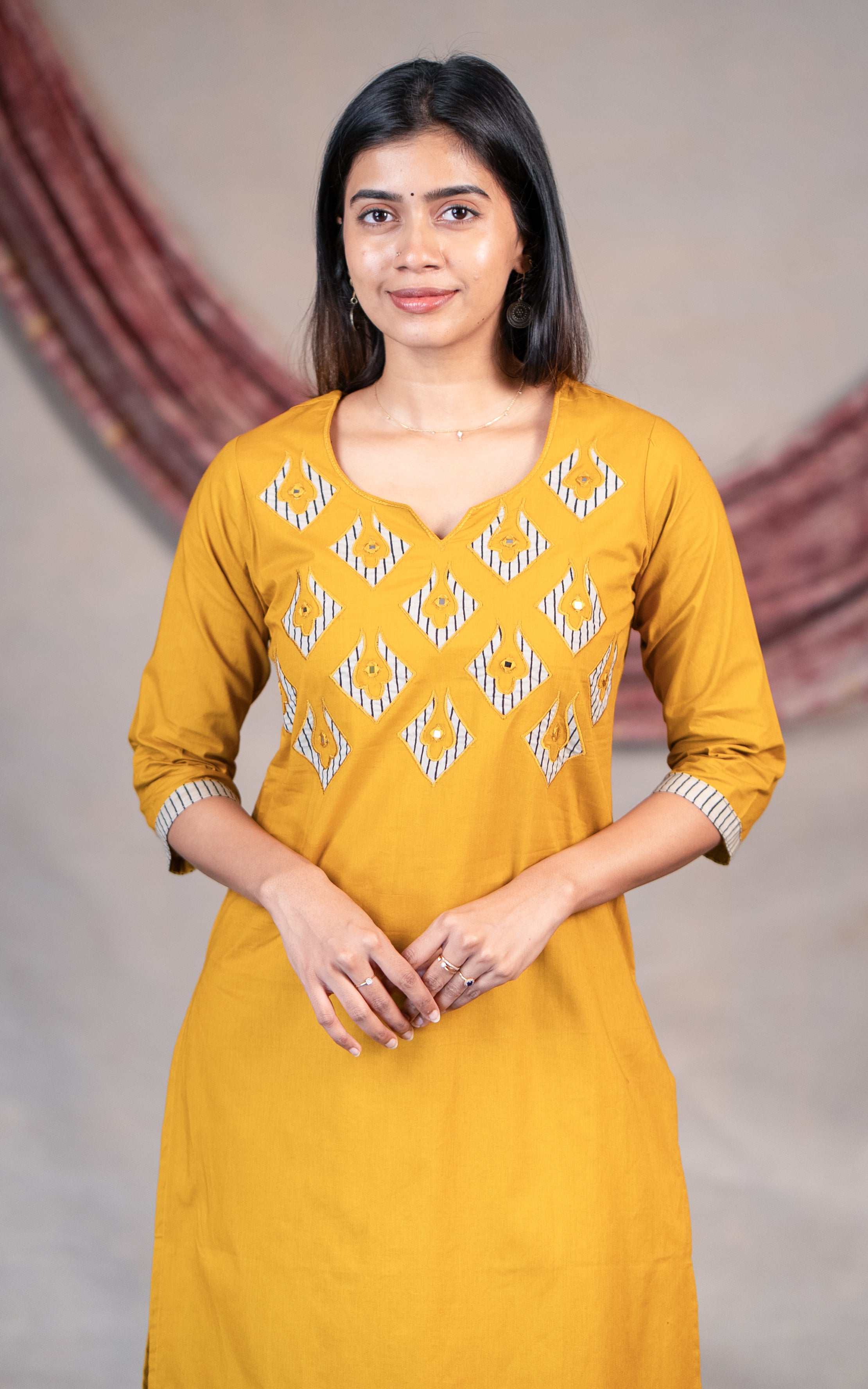 Mustard cotton straight cut kurti for women