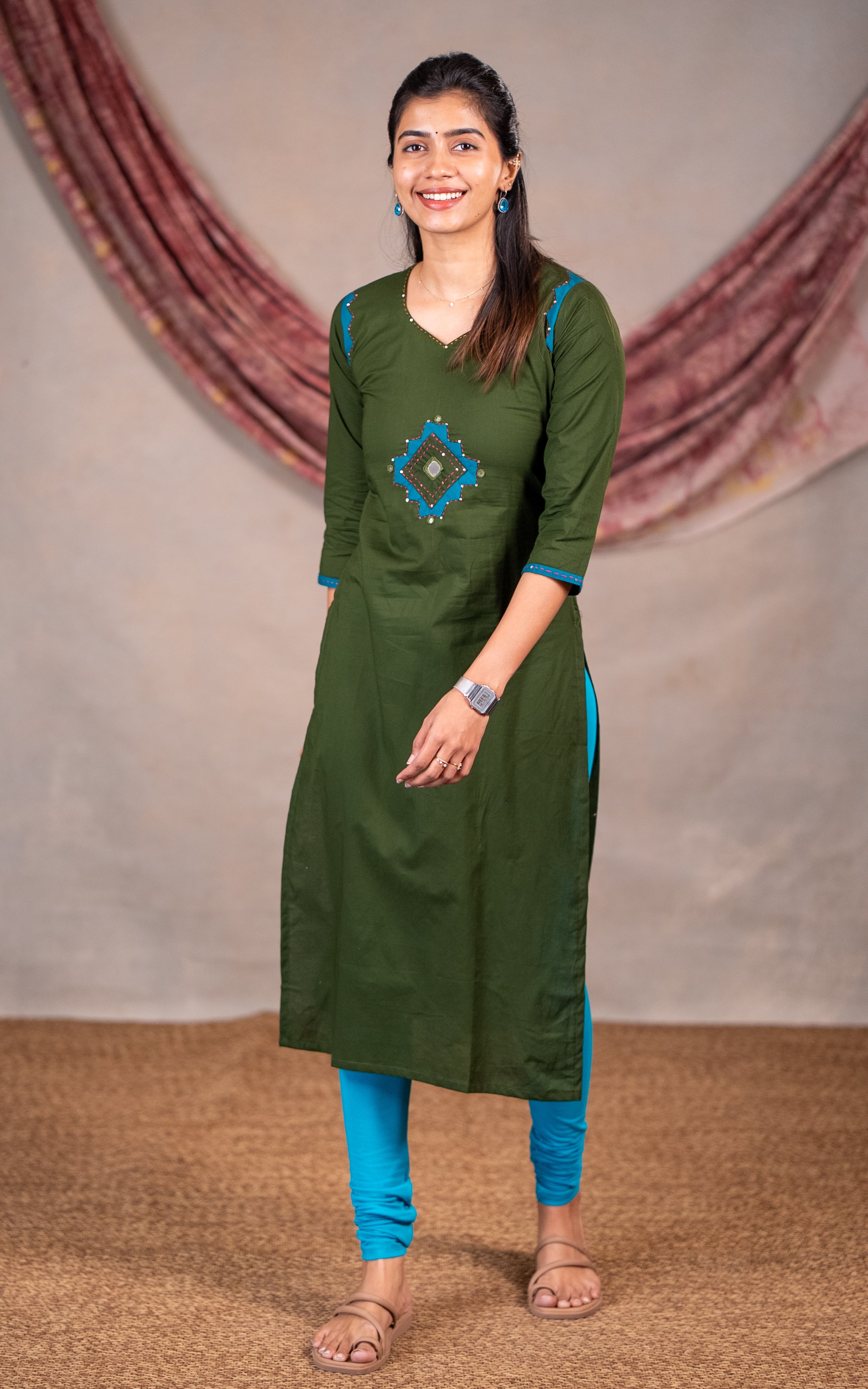 Green Color Straight Cut Kurti for Formal Wear