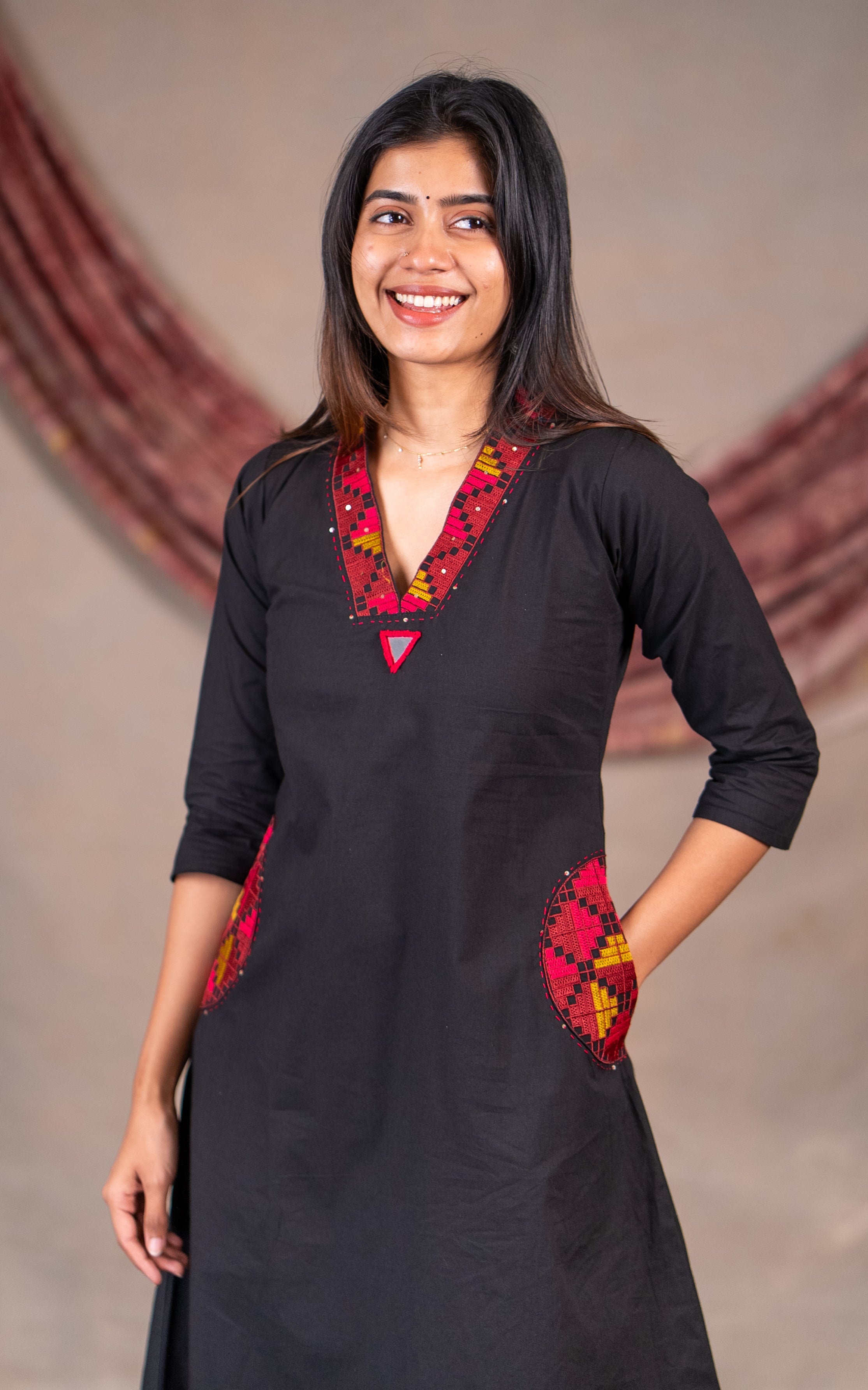 Black Cotton A-Line Kurti with Thread Embroidery and Handblock Dupatta for Daily Wear, Office Wear and Ethnic Wear