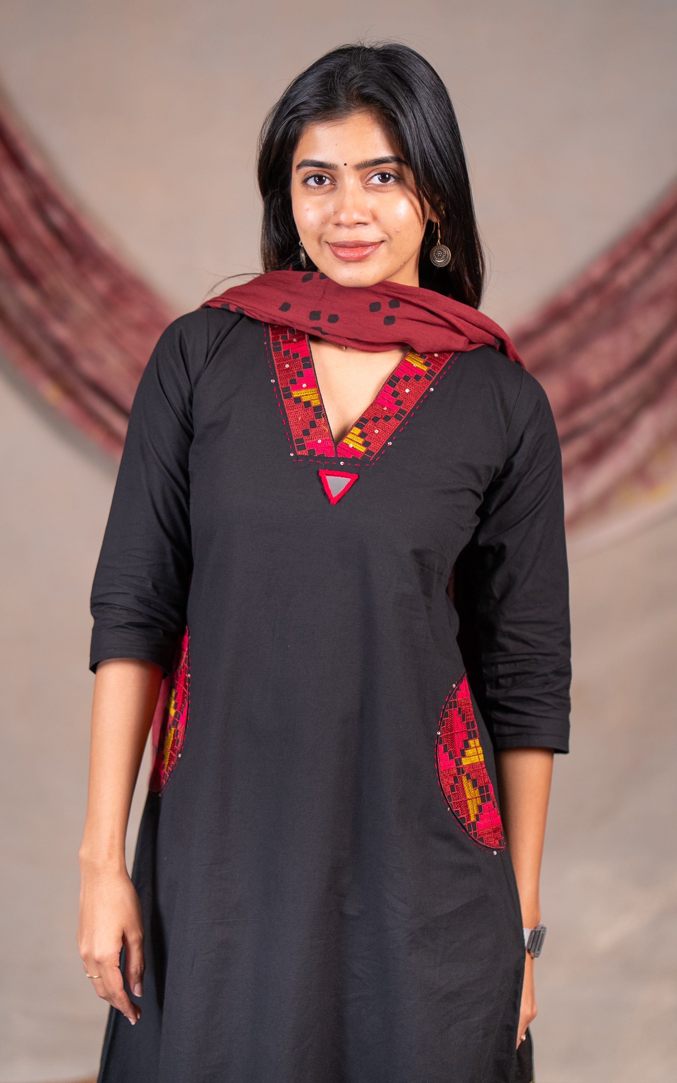 Black A-Line Cotton Kurti with Thread Embroidery and Dupatta – Perfect for Daily Wear, Office Wear and Vacation Wear