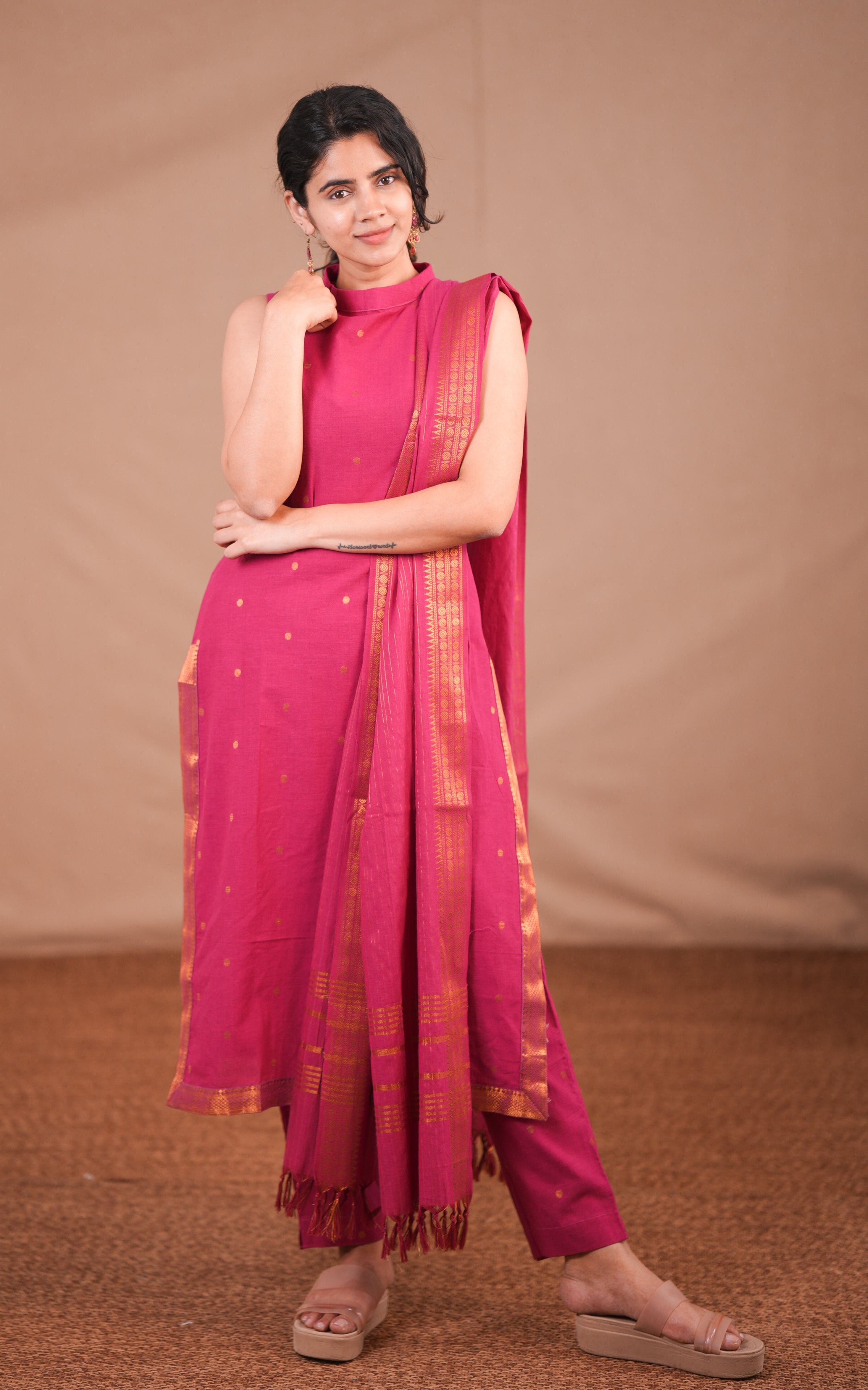 Instore - Pink South Cotton Turtle Neck Kurti 46 Inch with Pant & Zari Border Dupatta