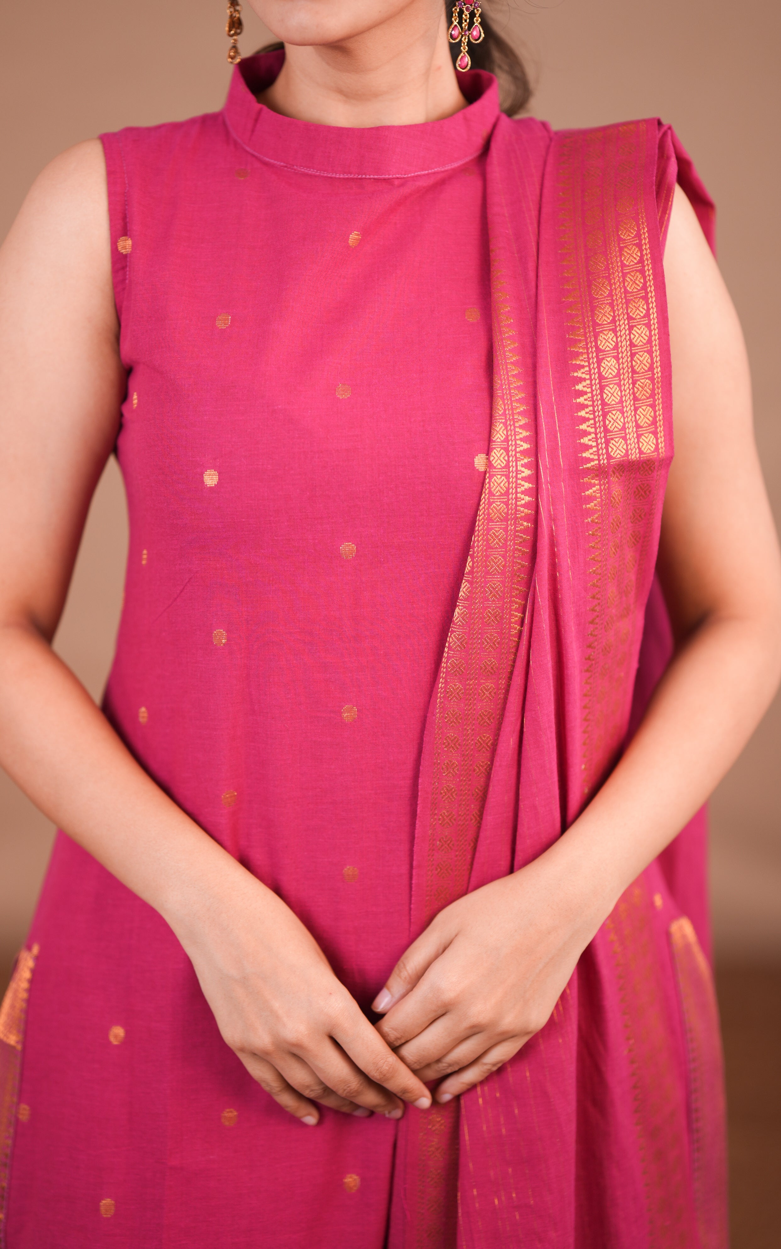 Instore - Pink South Cotton Kurti Pant Dupatta Flat Lay with Zari Border - Bigg Boss Inspired