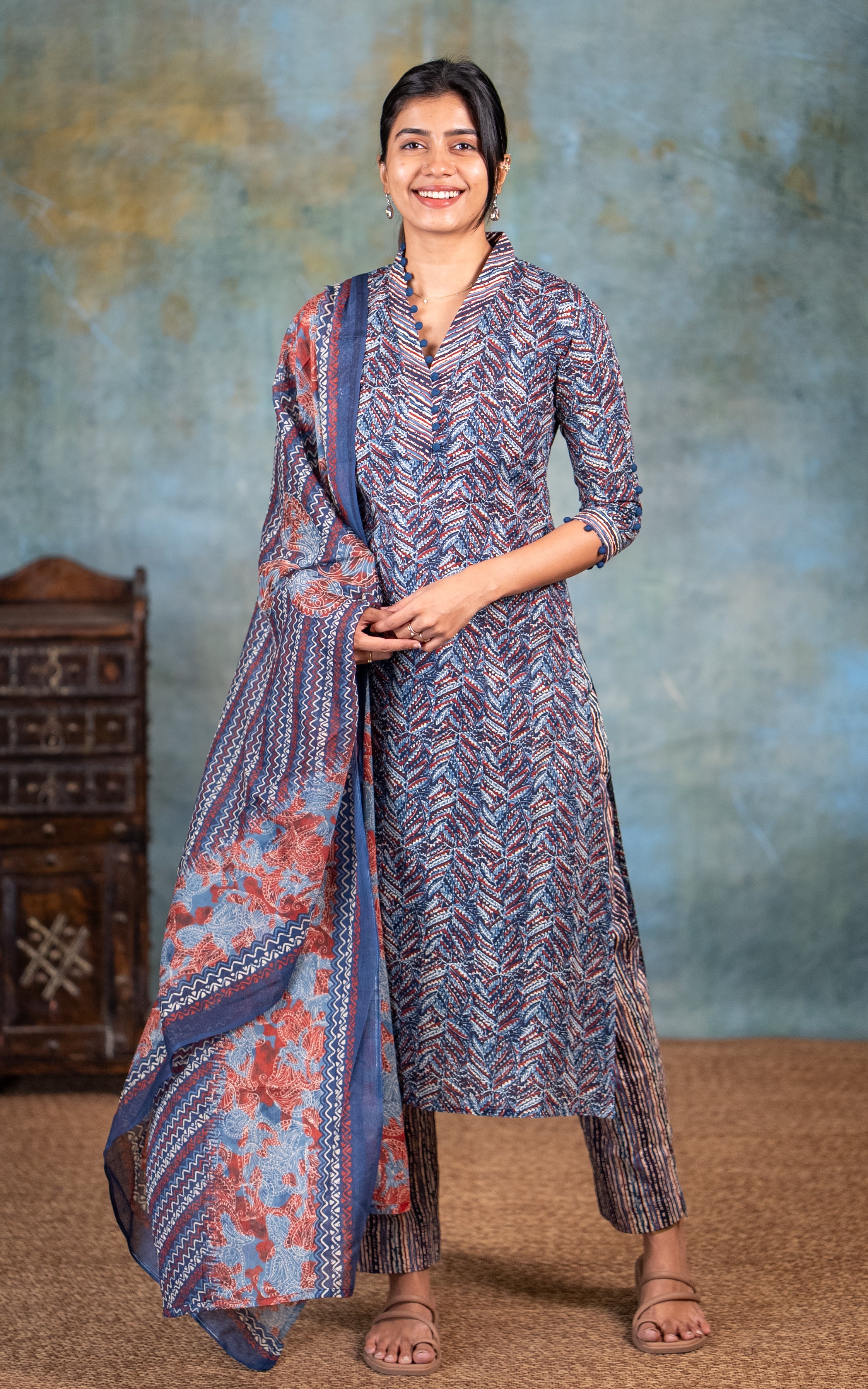 Cotton V Neck Printed Straight Cut Kurti Set With Dupatta For Women