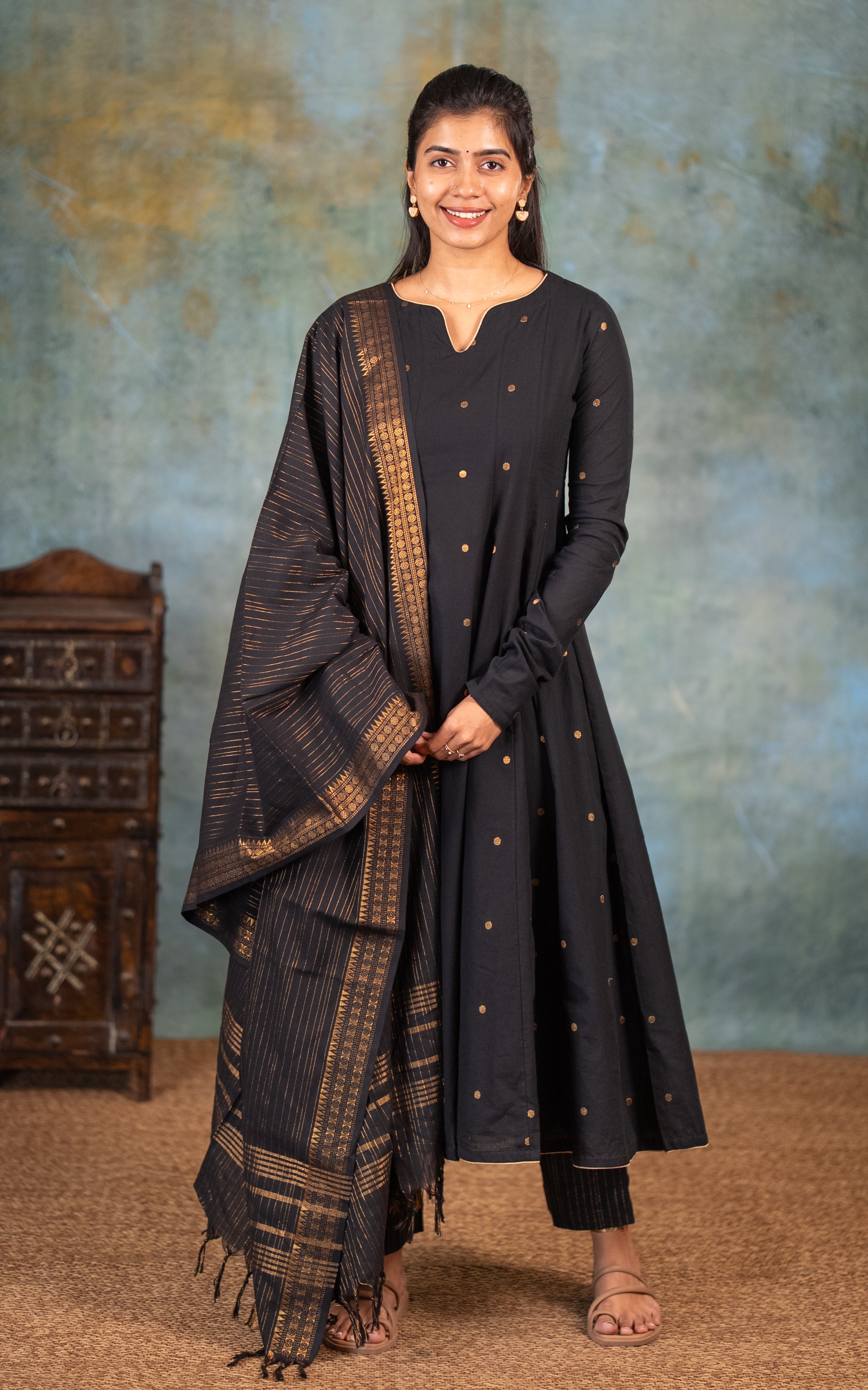 Instore - Black Color South Cotton Flared Anarkali Kurti with Gathered Sleeve, Palazzo Pant & South Cotton Dupatta