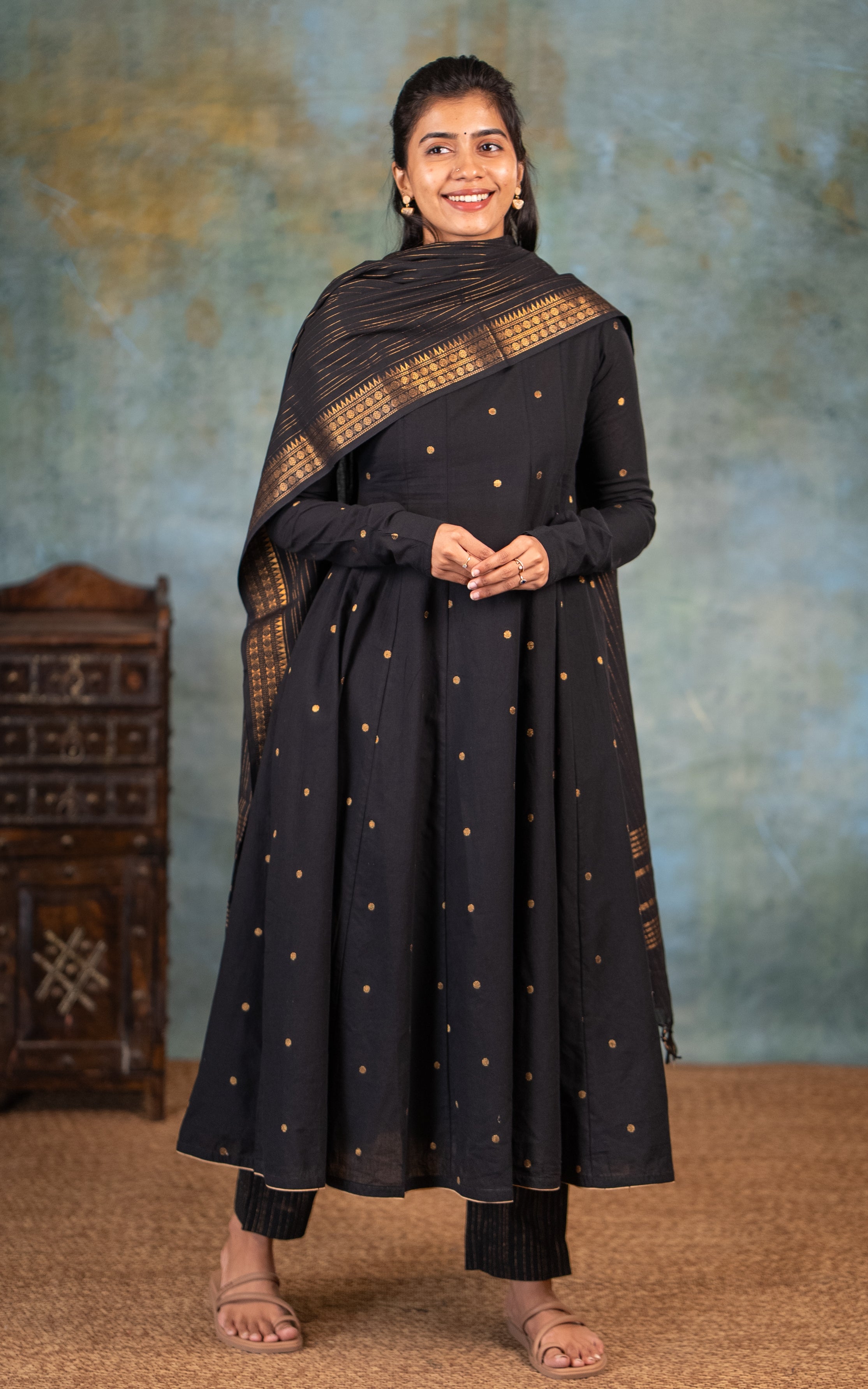 Instore - Black Color South Cotton Flared Anarkali Kurti with Gathered Sleeve, Palazzo Pant & South Cotton Dupatta