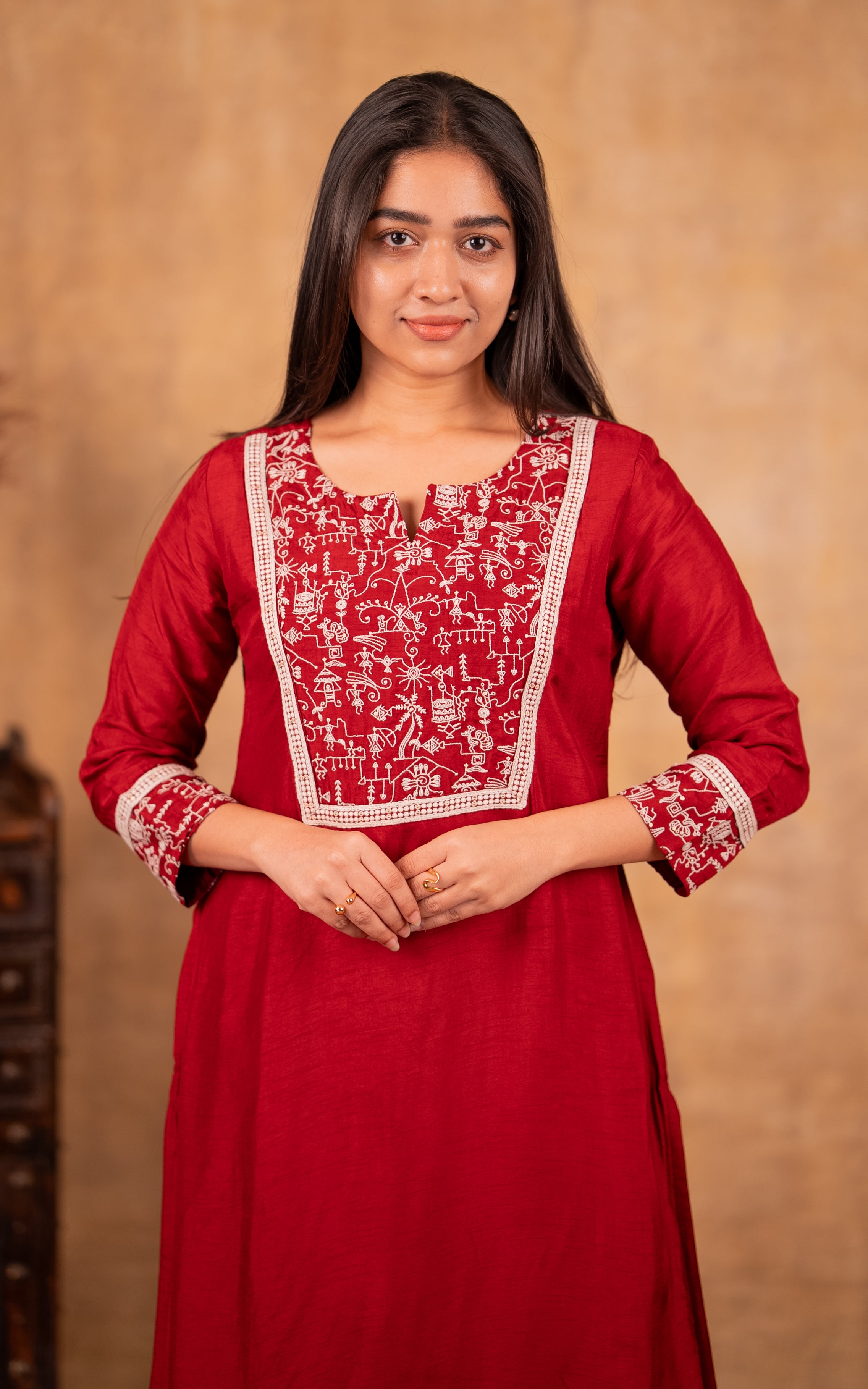 Deep maroon dola silk straight cut kurti for women