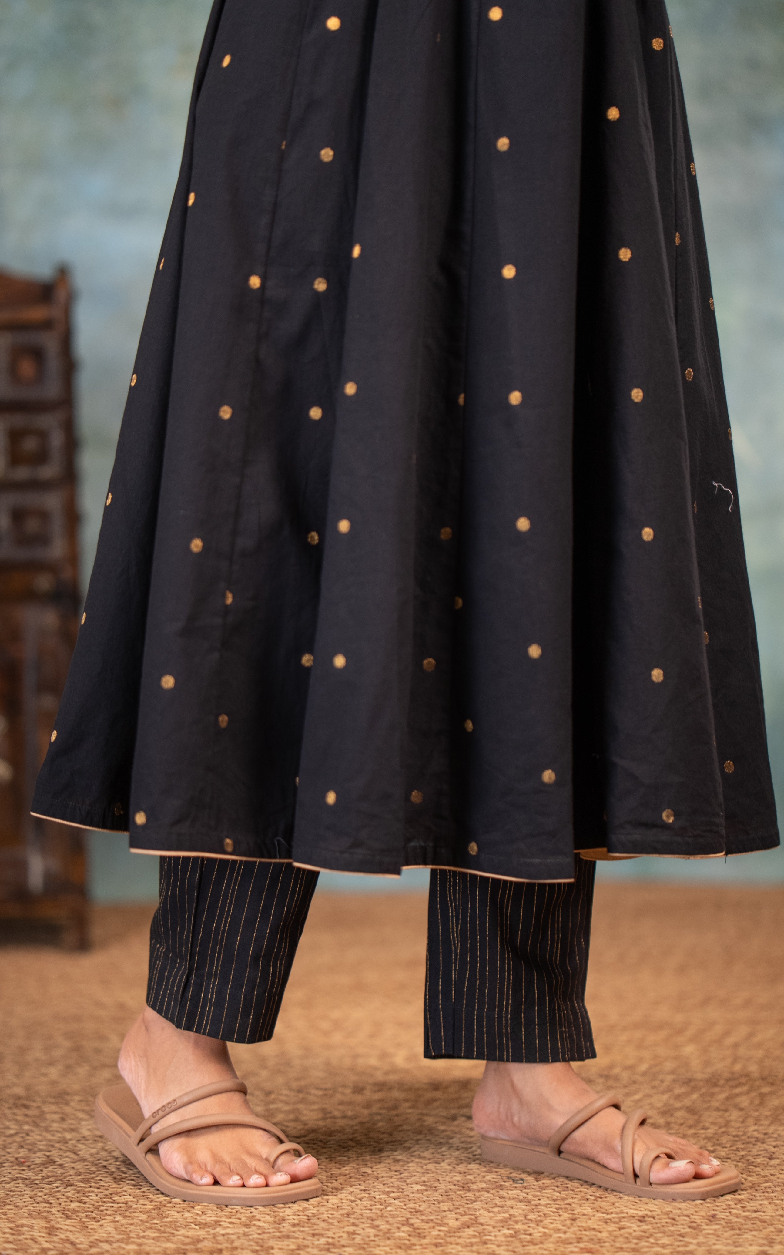 Instore - Black Color South Cotton Flared Anarkali Kurti with Gathered Sleeve, Palazzo Pant & South Cotton Dupatta