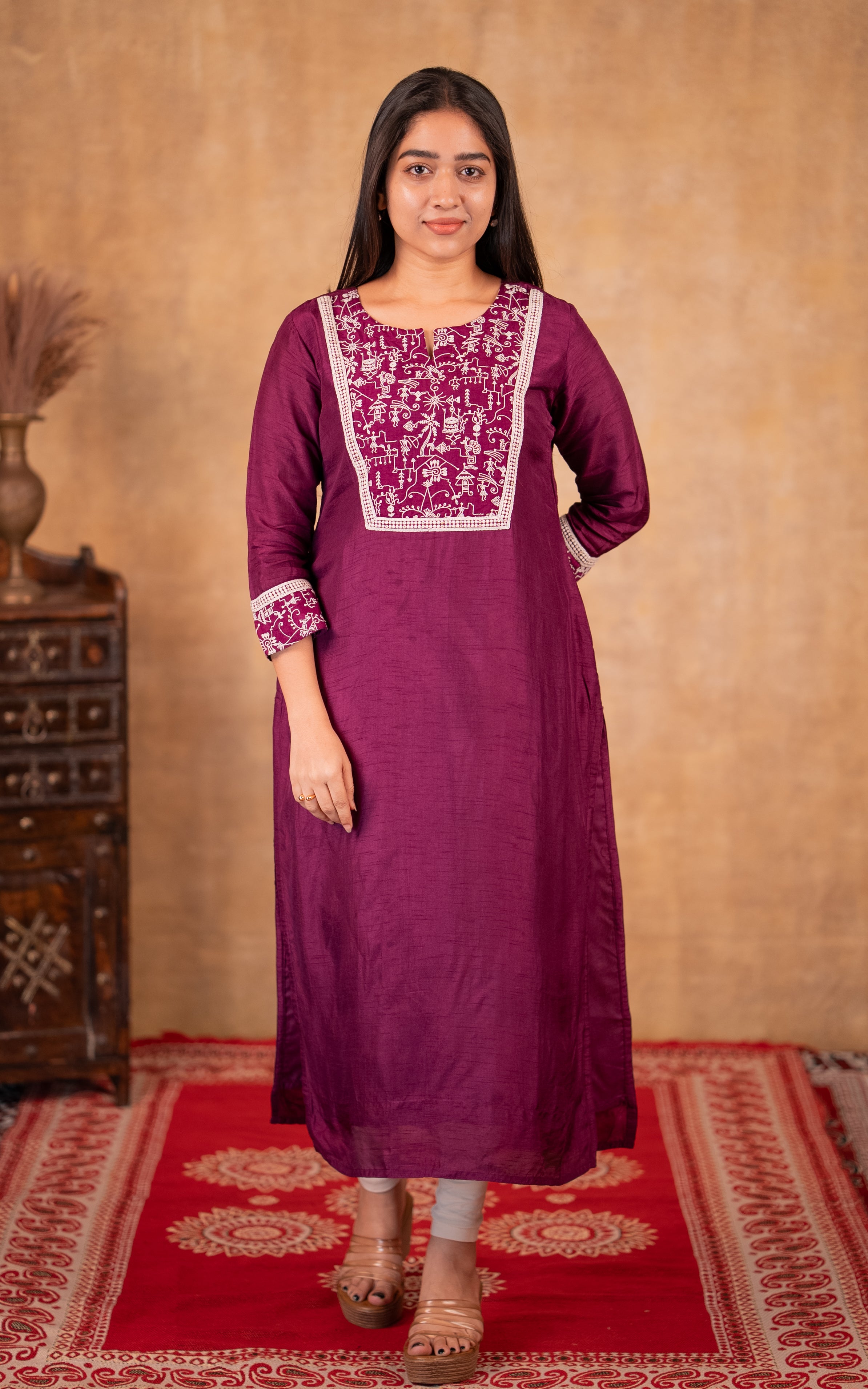 Deep plum dola silk straight cut kurti for women