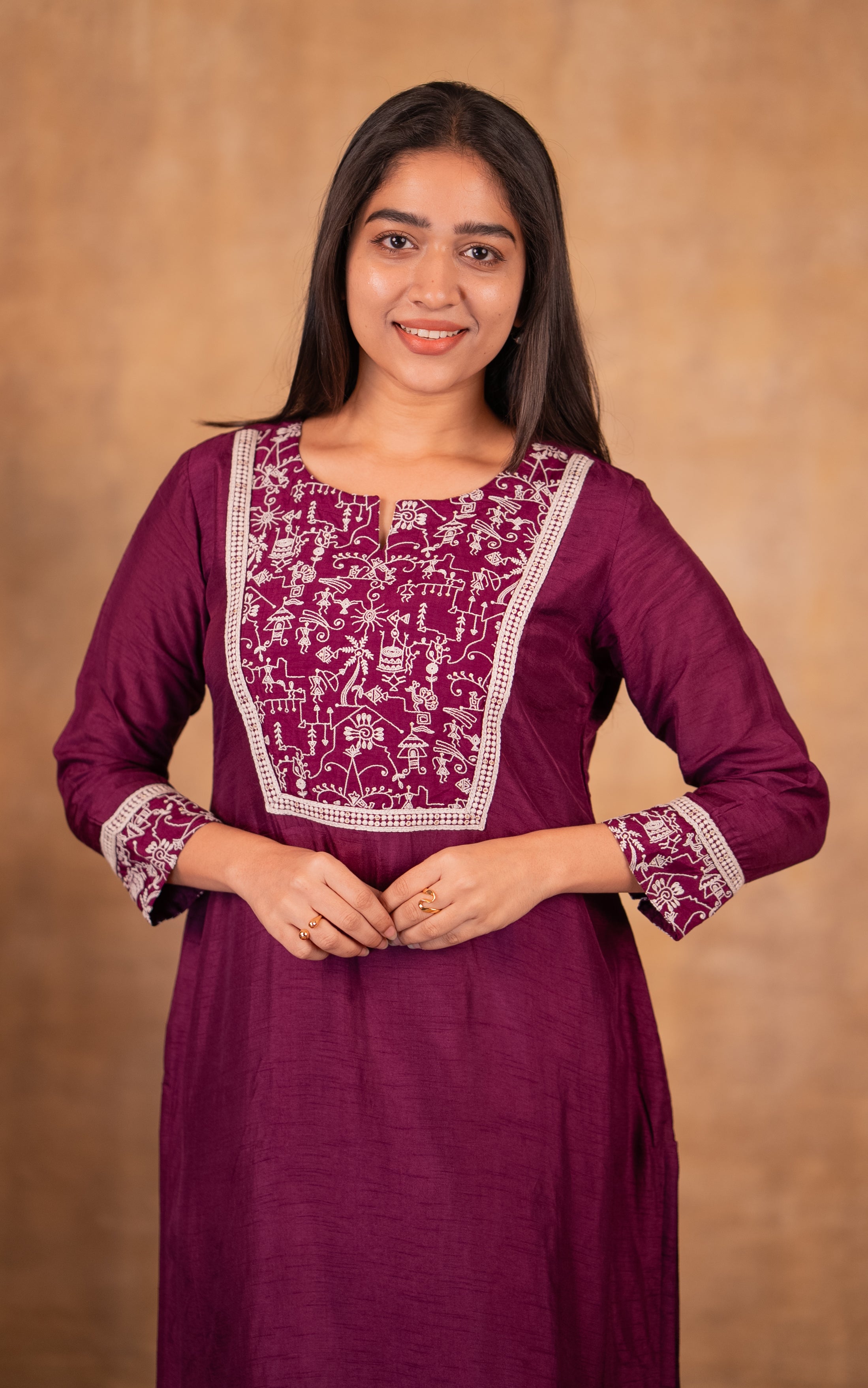 College wear deep plum straight cut kurti for women