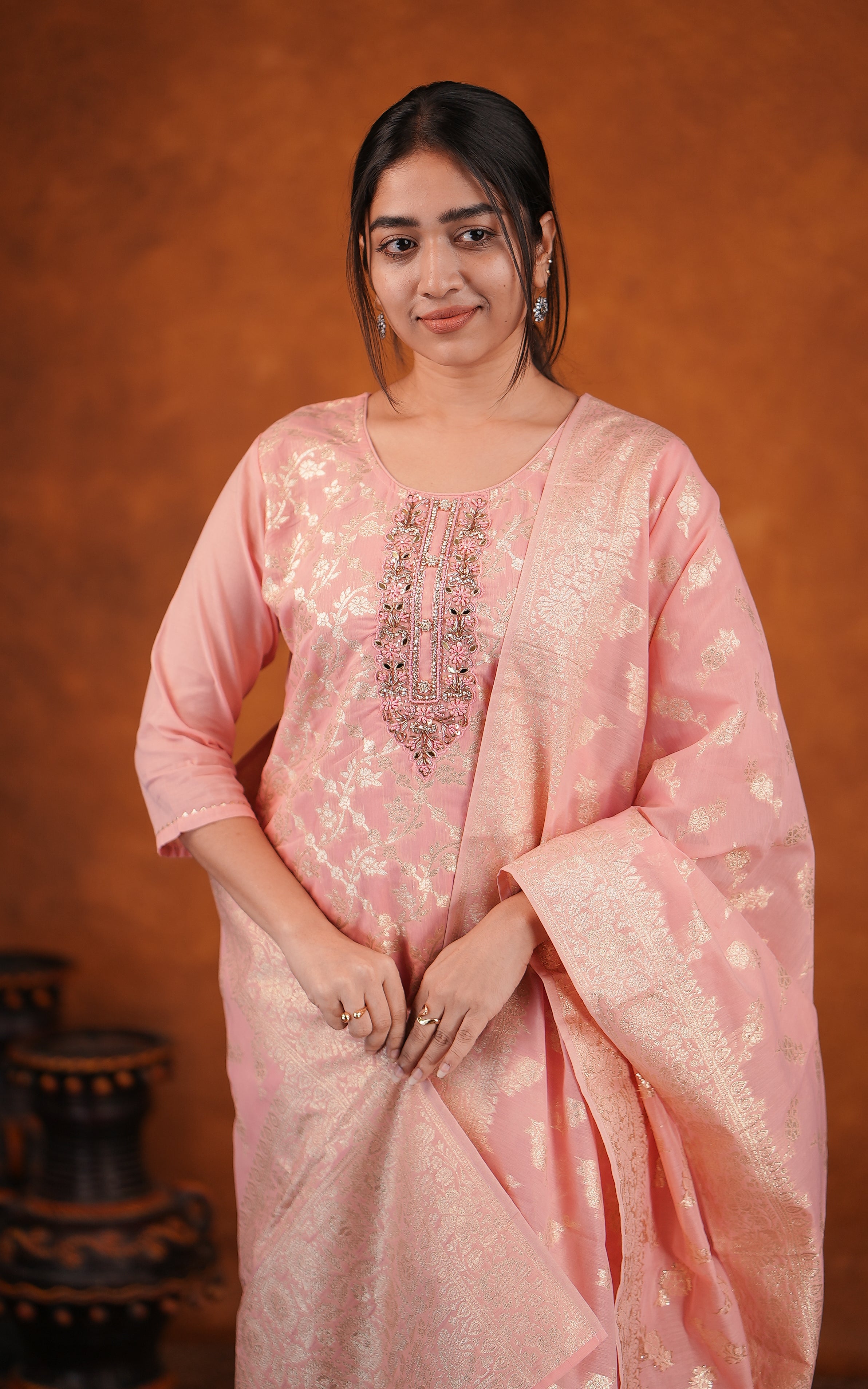 Art silk zari embroidered kurti with dupatta for women