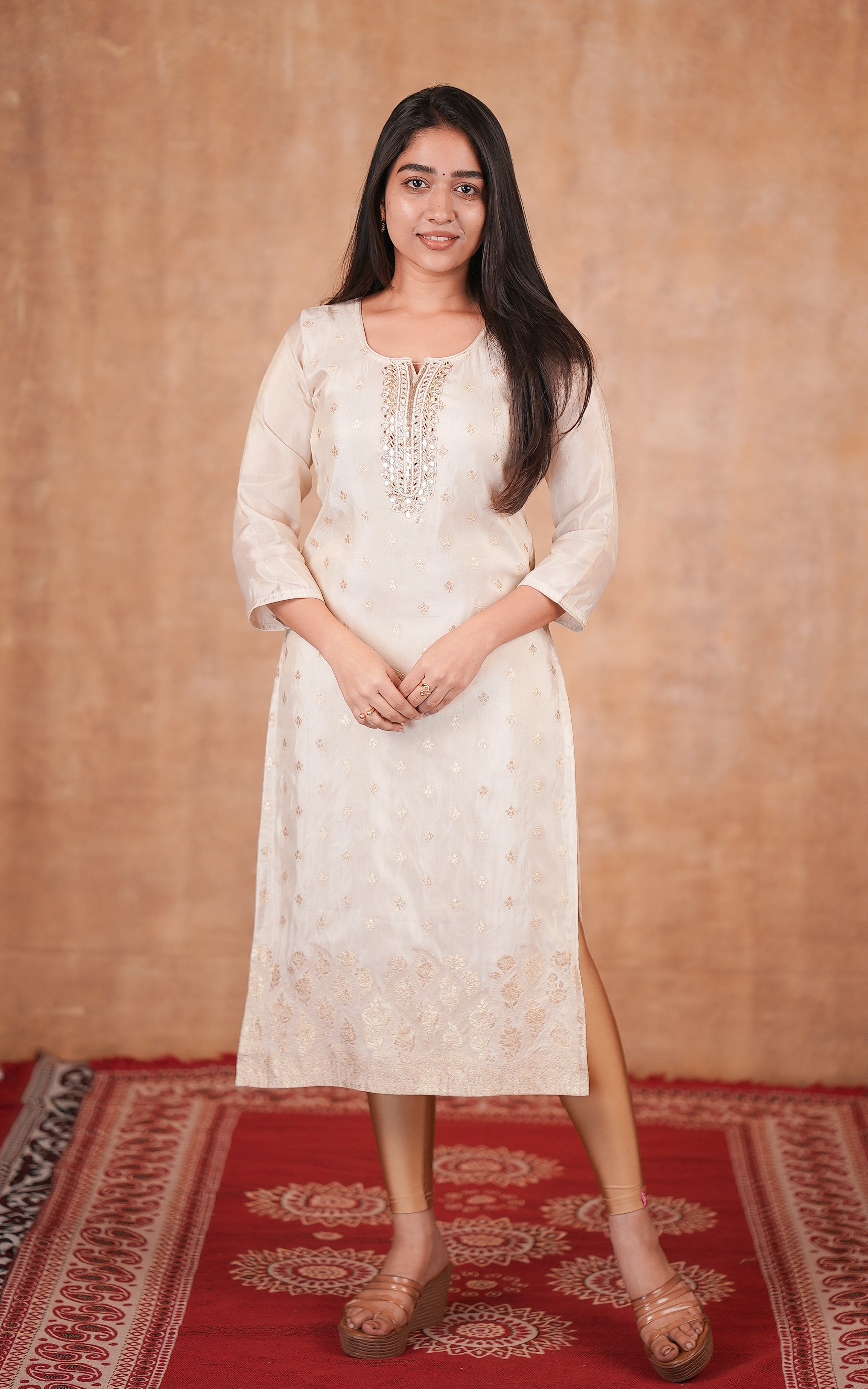 Instore - Off White Color Art Silk Straight Cut Kurti with Embroidered and Zari Butta Detailing & Butter Crepe Lining