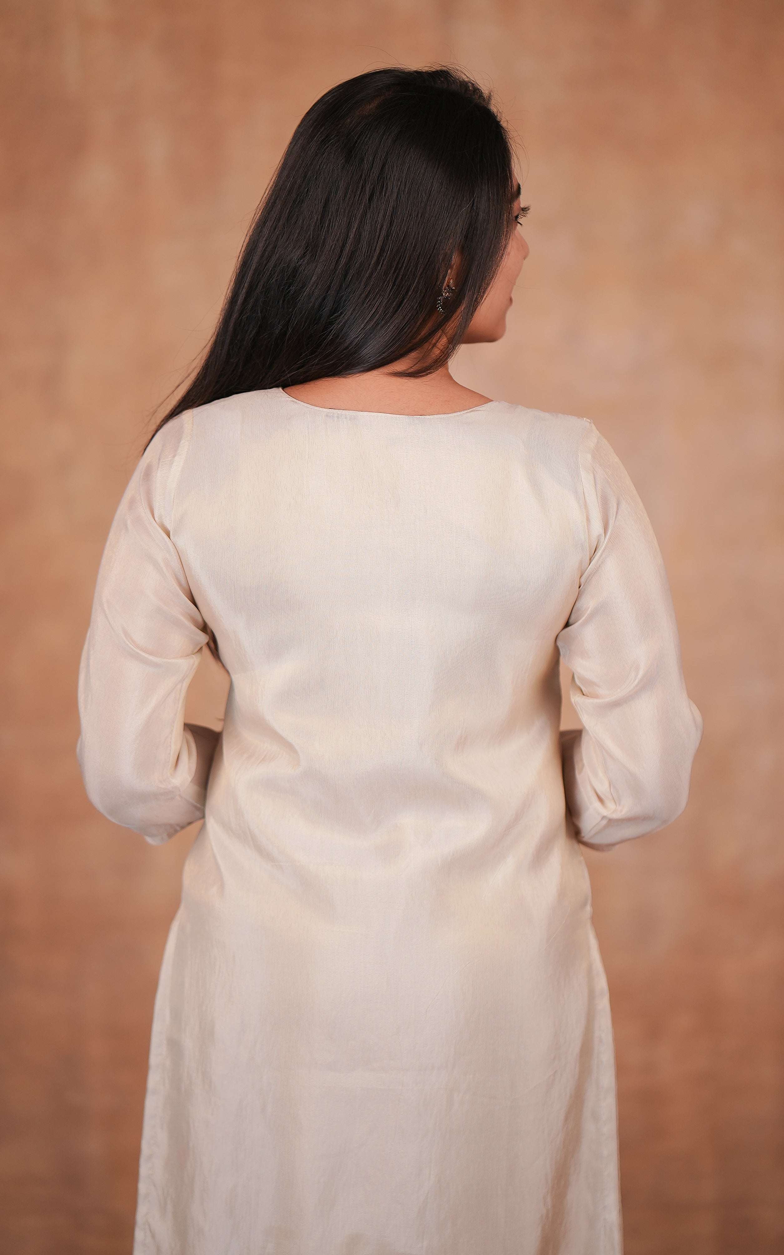 Instore - Off White Color Art Silk Straight Cut Kurti with Embroidered and Zari Butta Detailing & Butter Crepe Lining