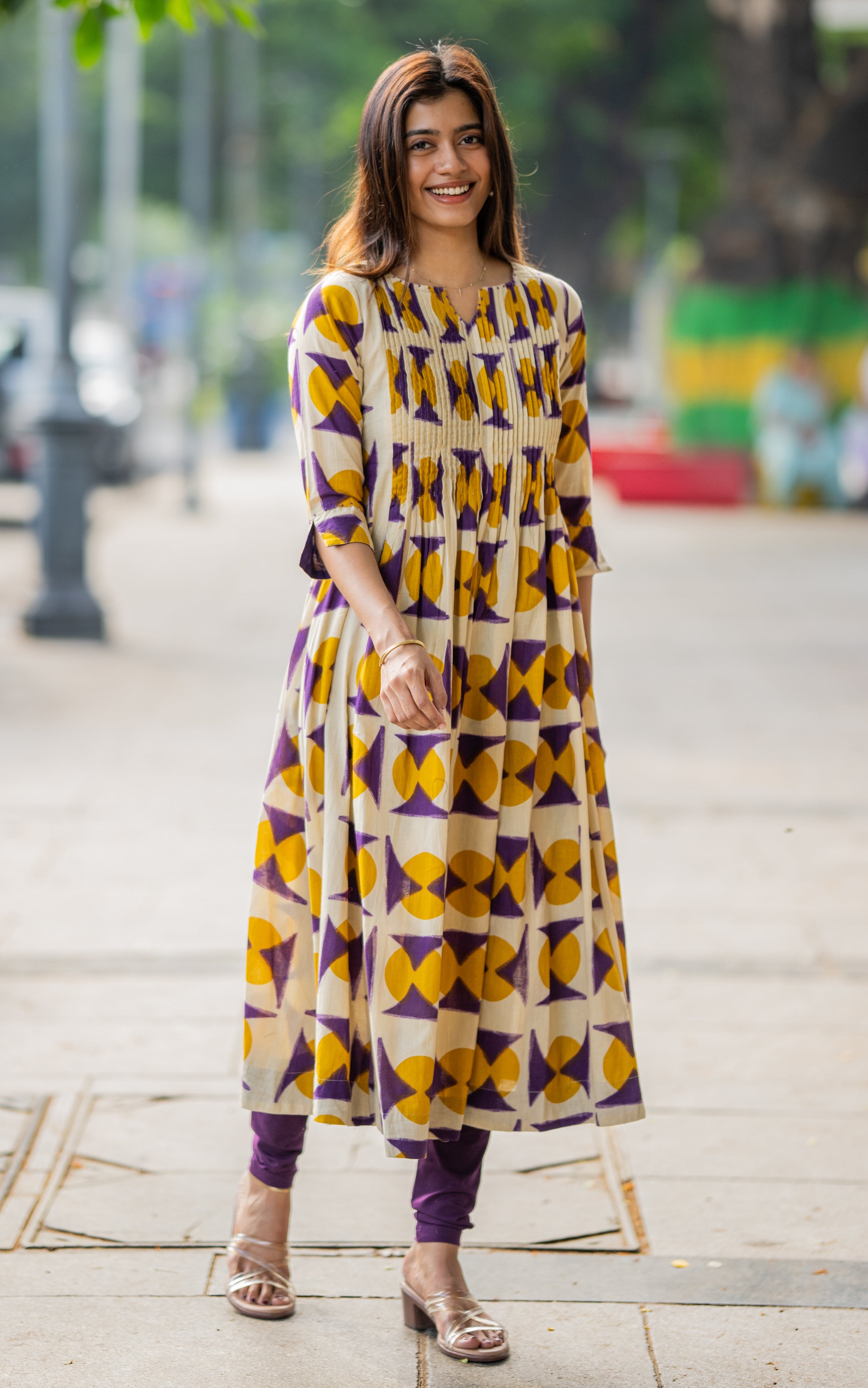 Beige and Violet Cotton Anarkali Kurti for Women