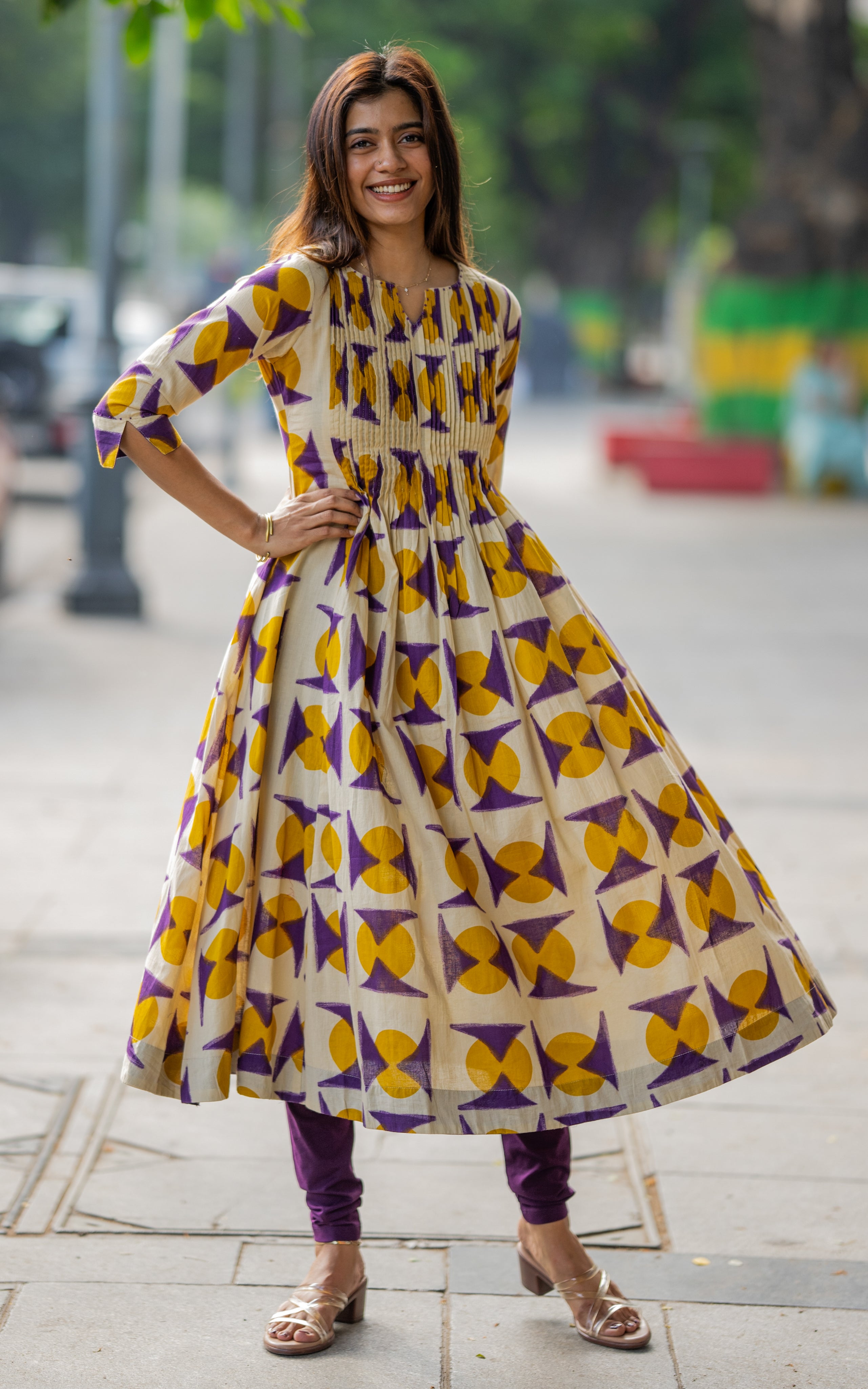 Beige and Violet Cotton Daily Wear Kurti for Women
