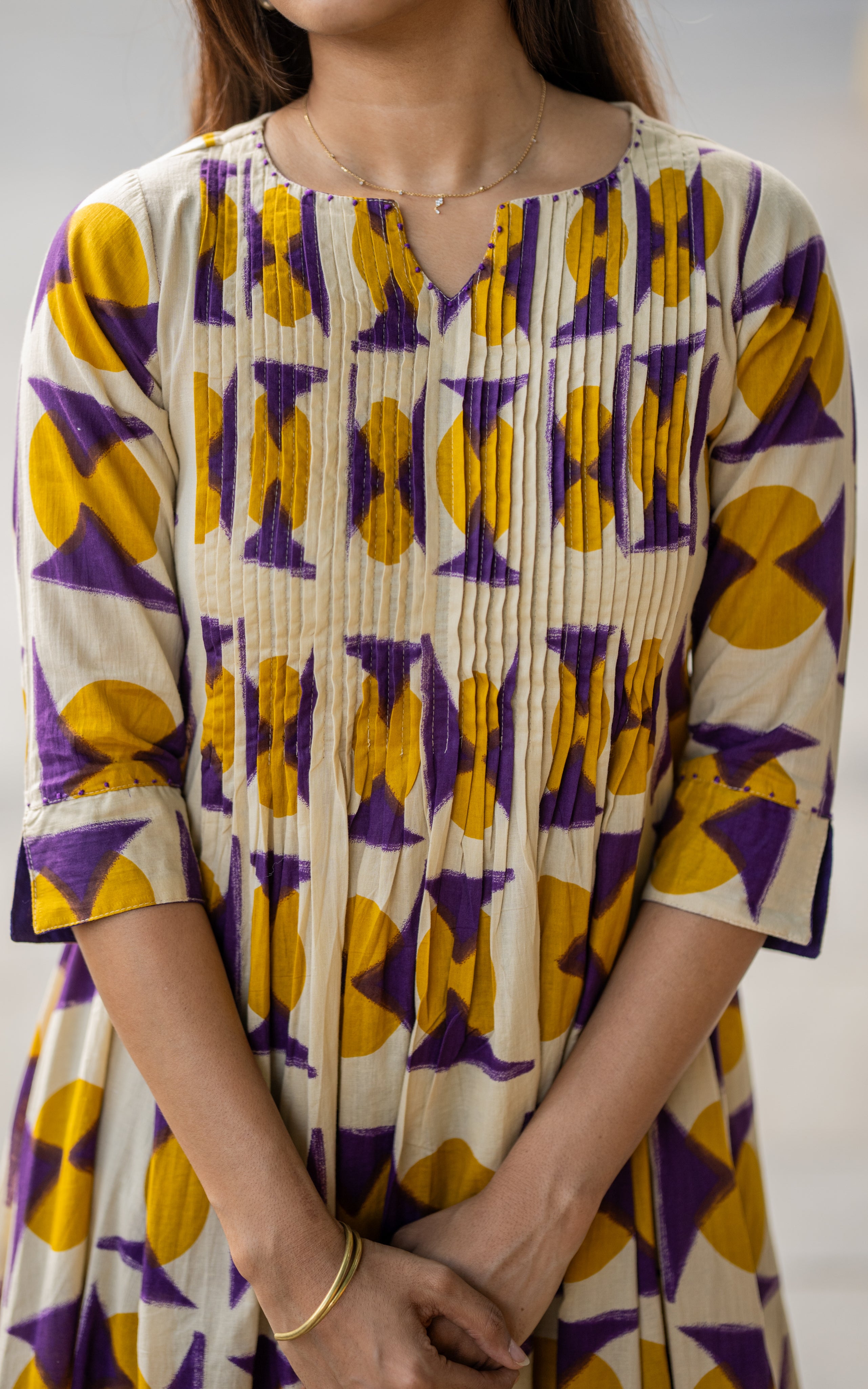 Beige and Violet Cotton Office Wear Kurti for Women