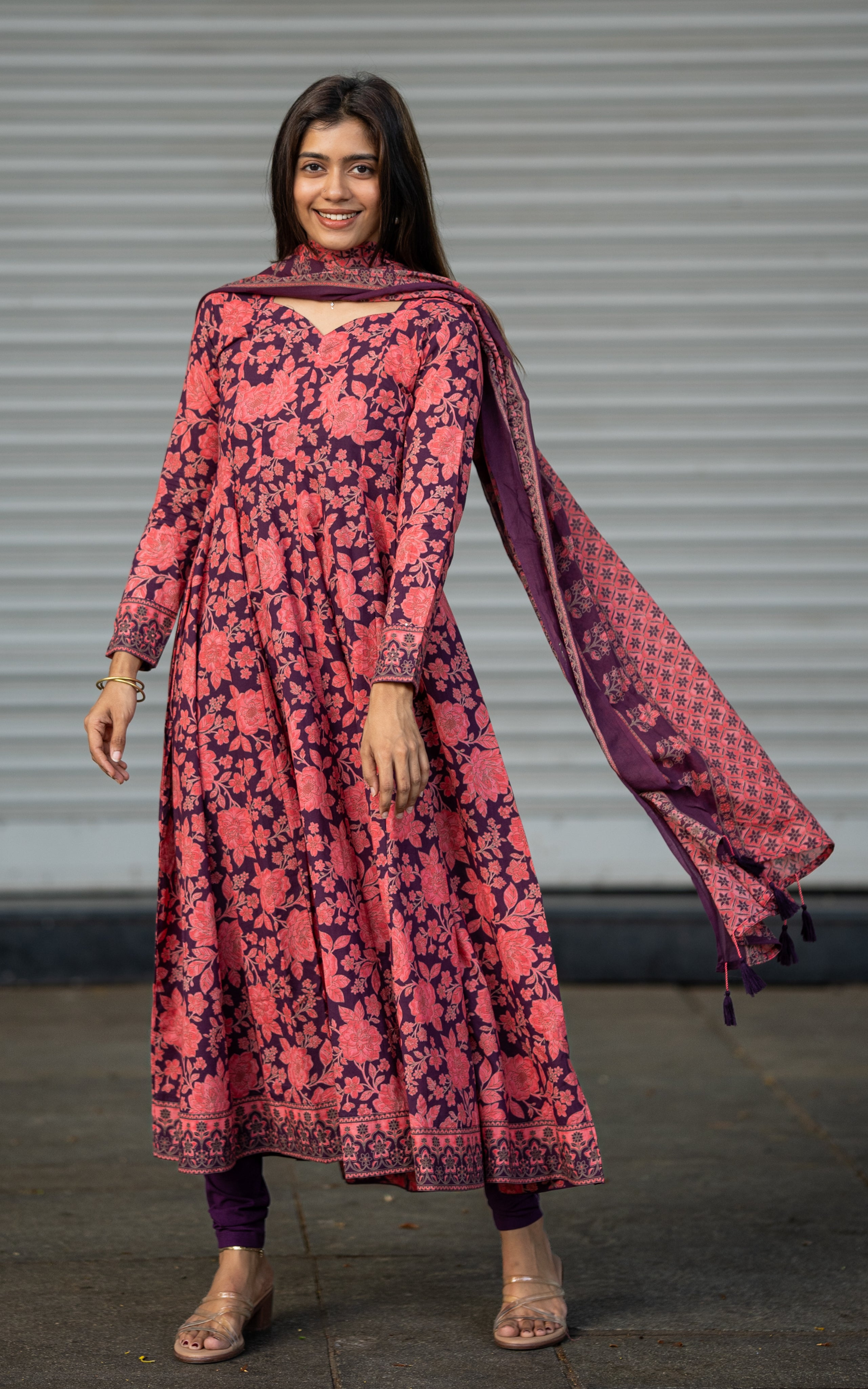 Purple Cotton Anarkali Kurti Dupatta for Women