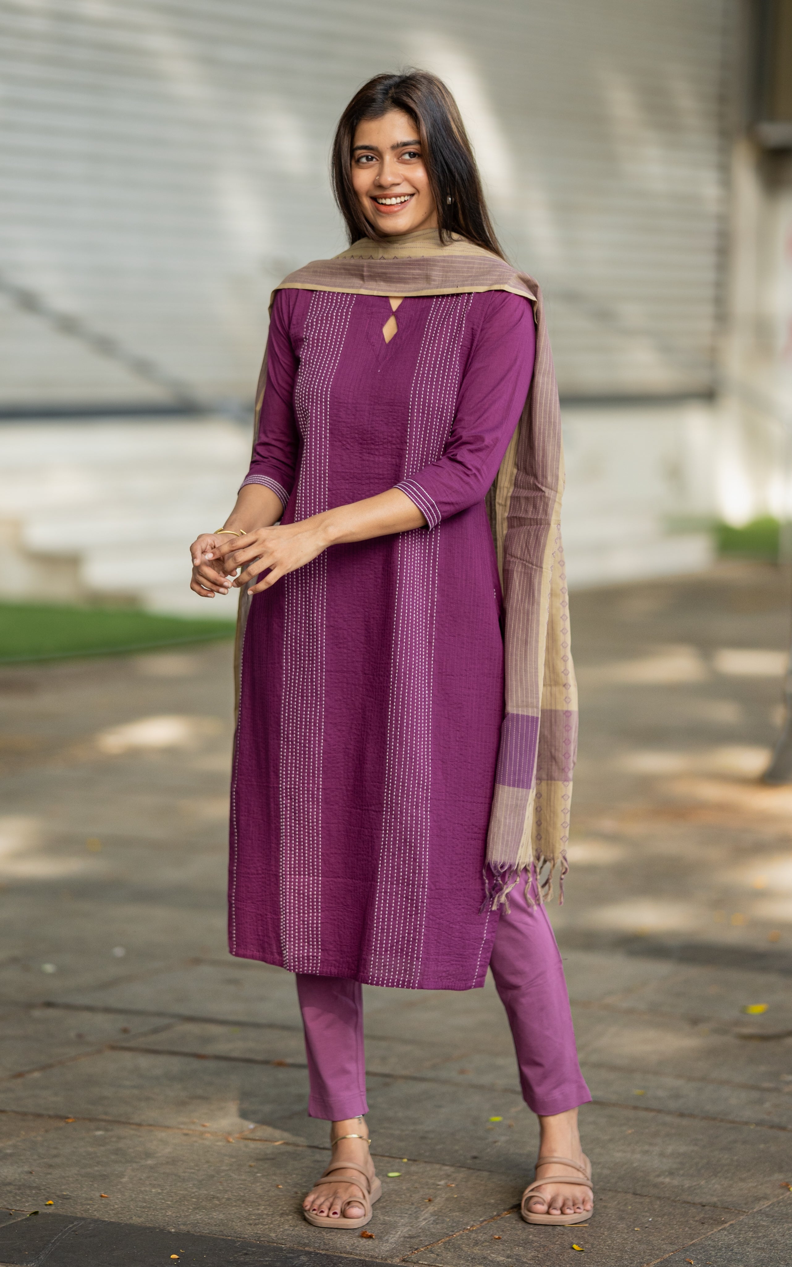 Violet and Grey Cotton Daily Wear Kurti Dupatta for Women