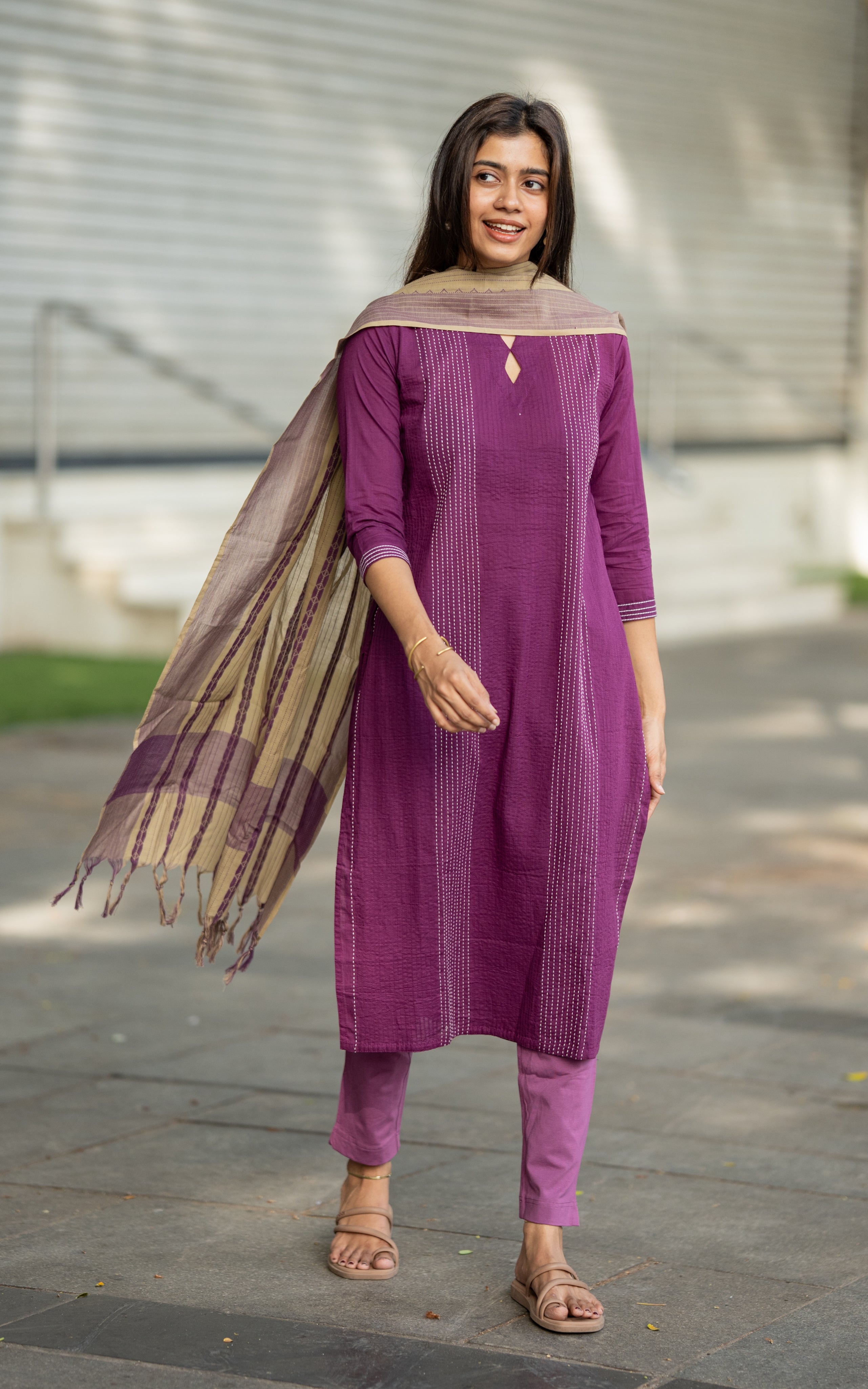 Violet and Grey Cotton Kurti Dupatta for Women