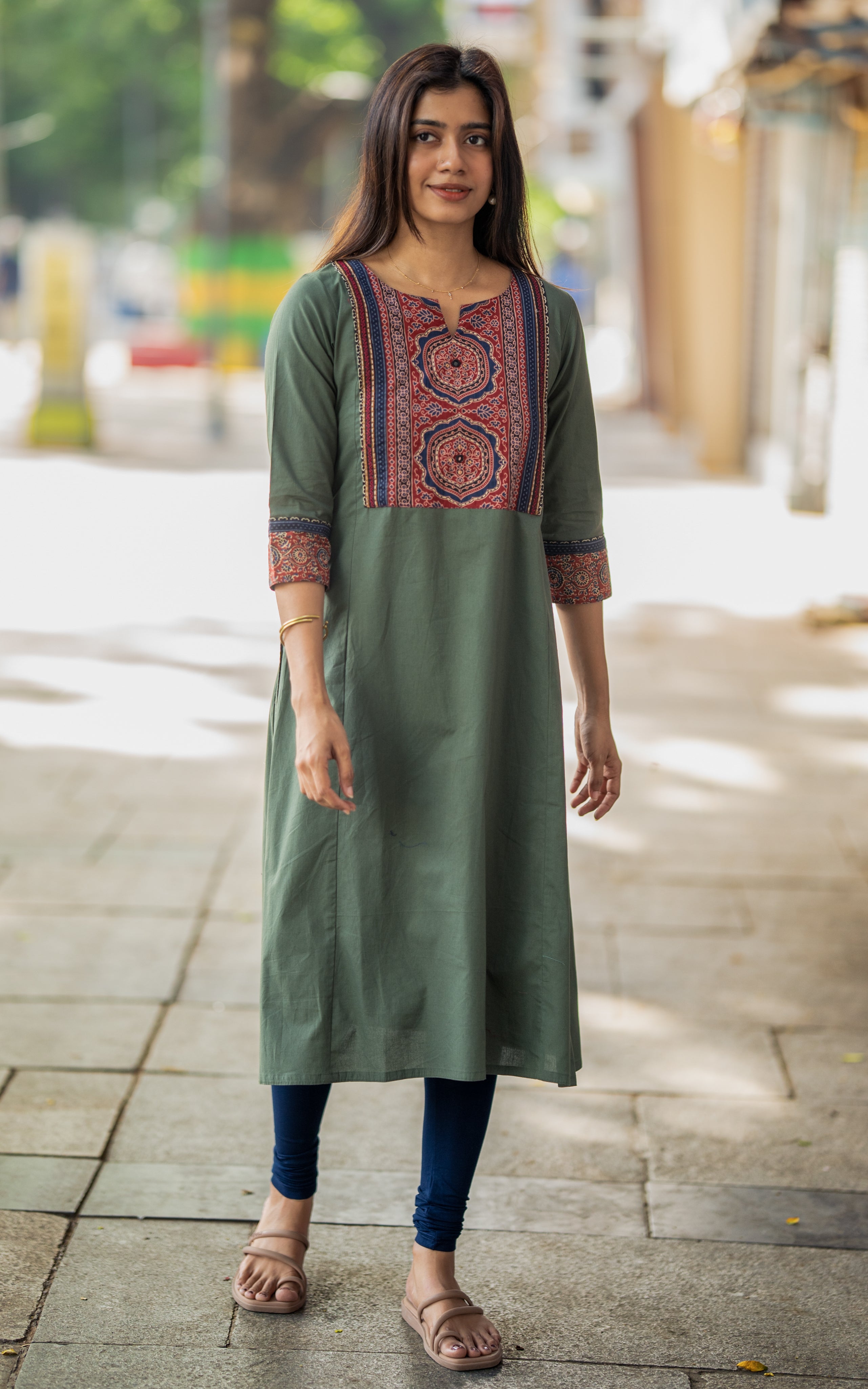 Dusty Green Cotton Aline Kurti for Women