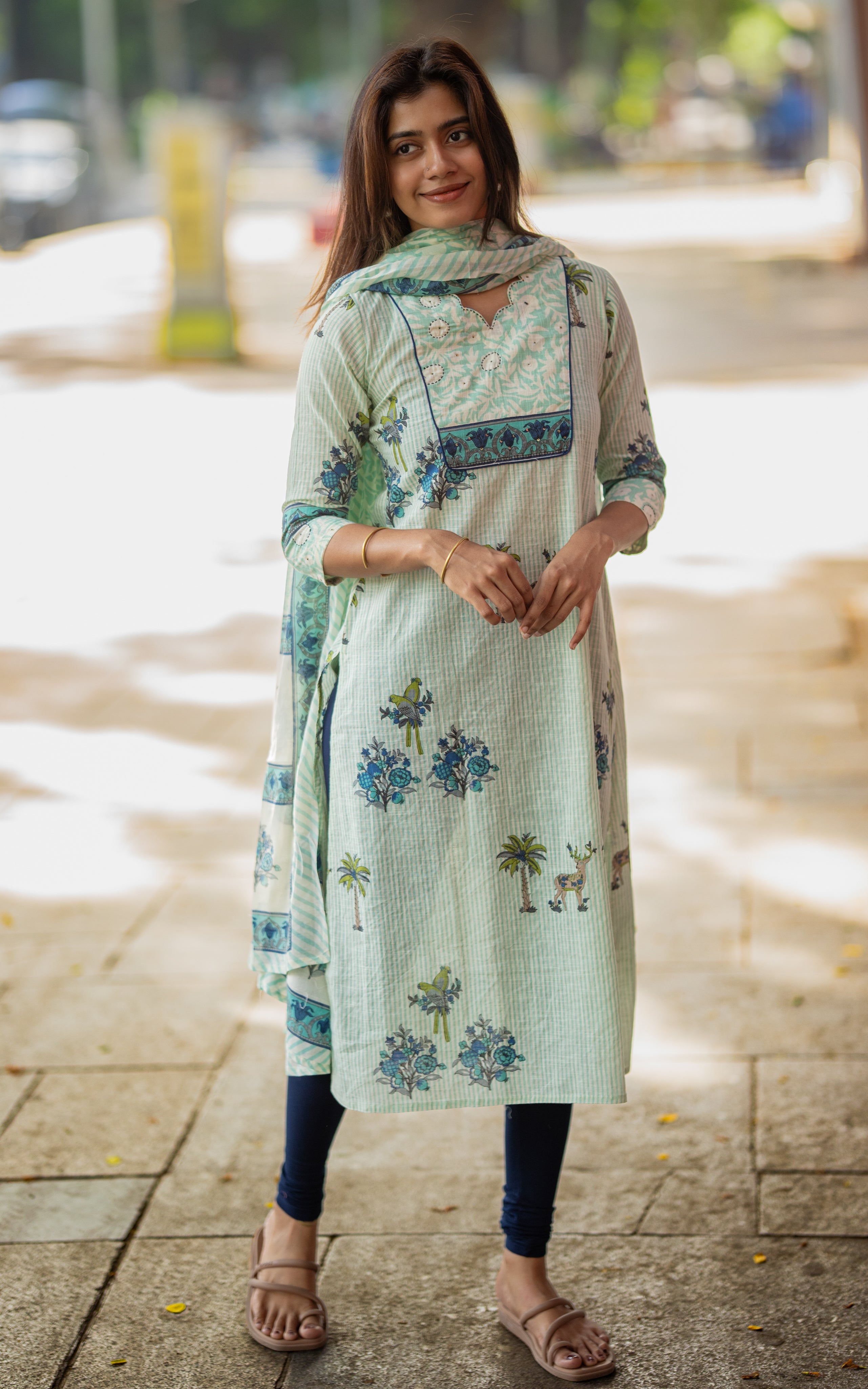 Pastel Mint Green Cotton Slub Kurti Dupatta for Women