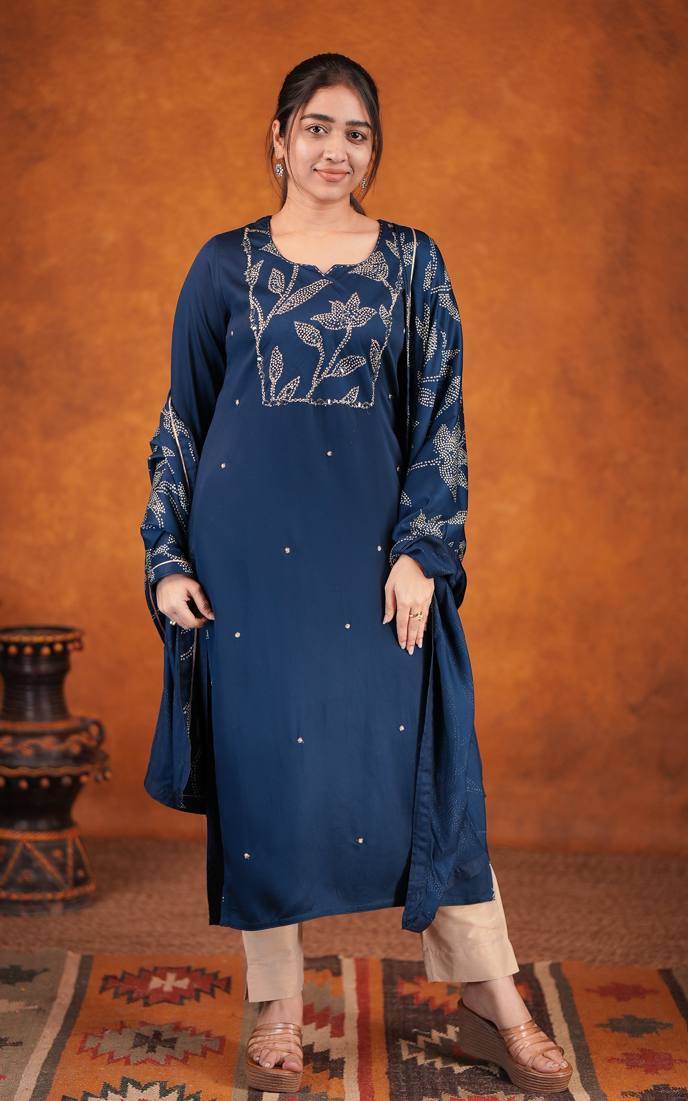 Peacock Blue Silky Rayon Straight Cut Kurti For Women
