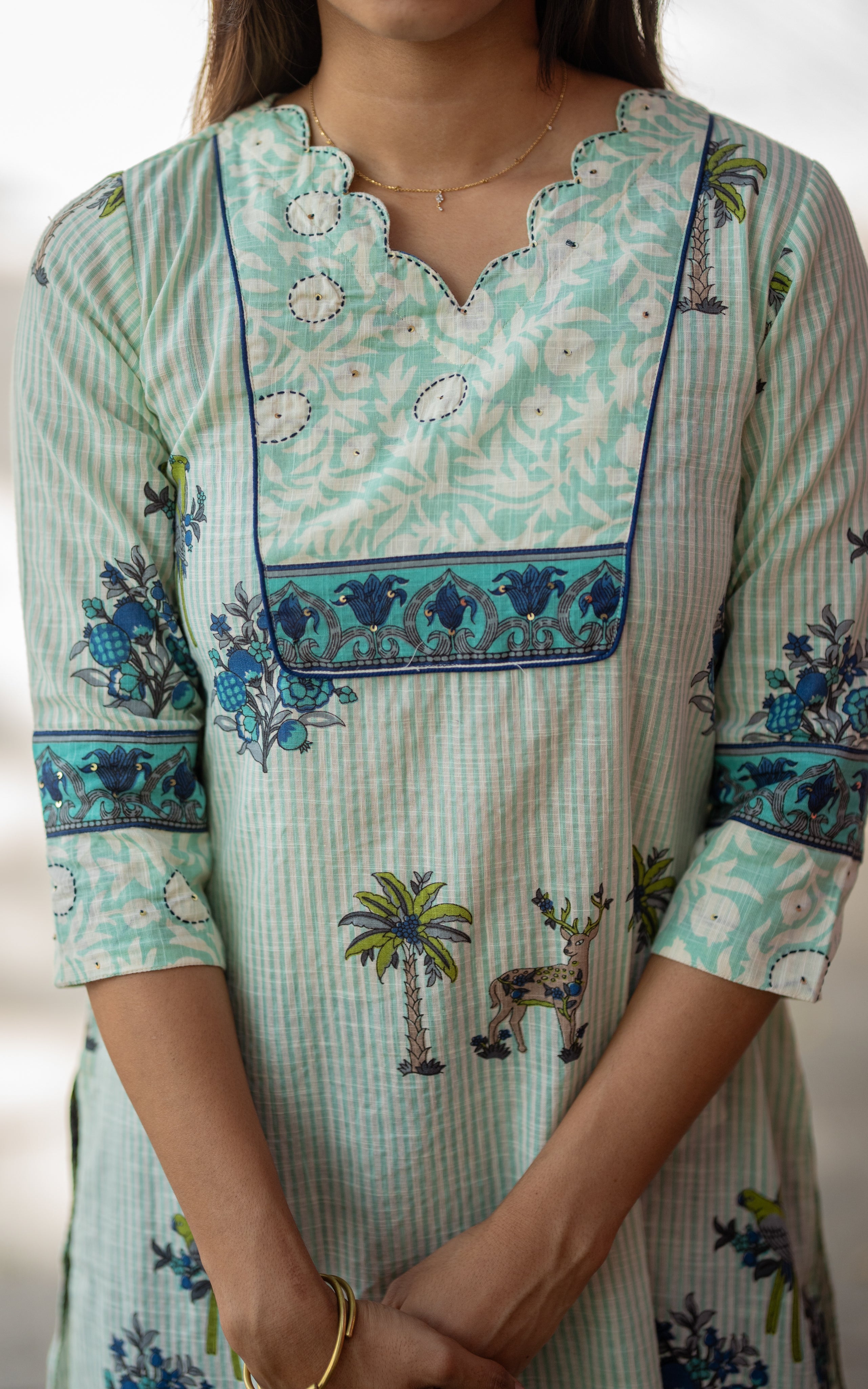 Pastel Mint Green Cotton Slub Office Wear Kurti Dupatta for Women